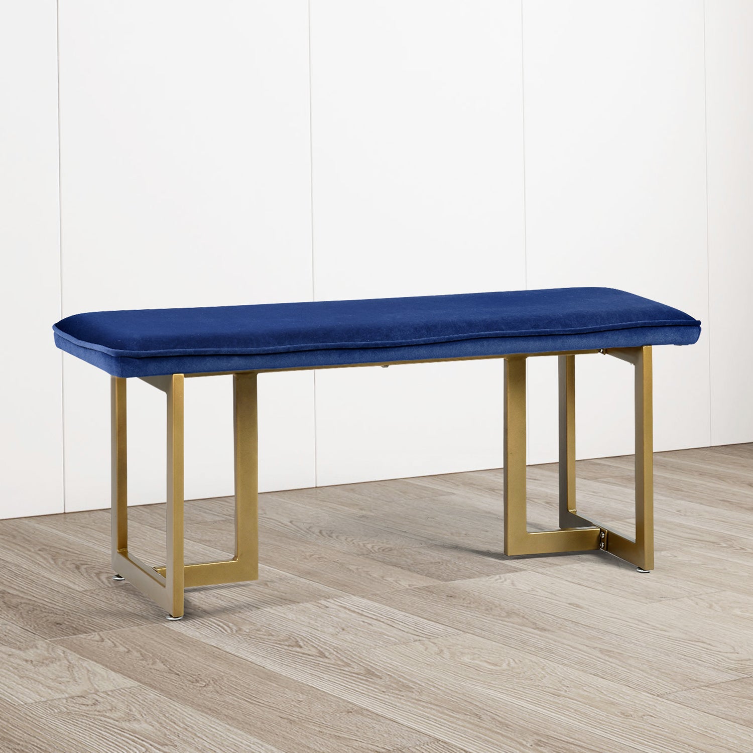 Homy Casa SLIP BENCH FROST ROYAL BLUE GOLD LEGS "44.5 x 15 x 18.5 in" Upholstered Bench for Living Room or Bedroom Open Box