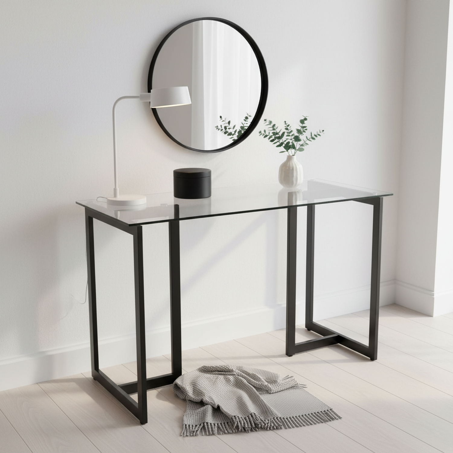 SLIP 55" Glass Dining Table, Clear Tempered Top, Black Metal Base, Modern Rectangular Table for Kitchen Dining Room Home Office