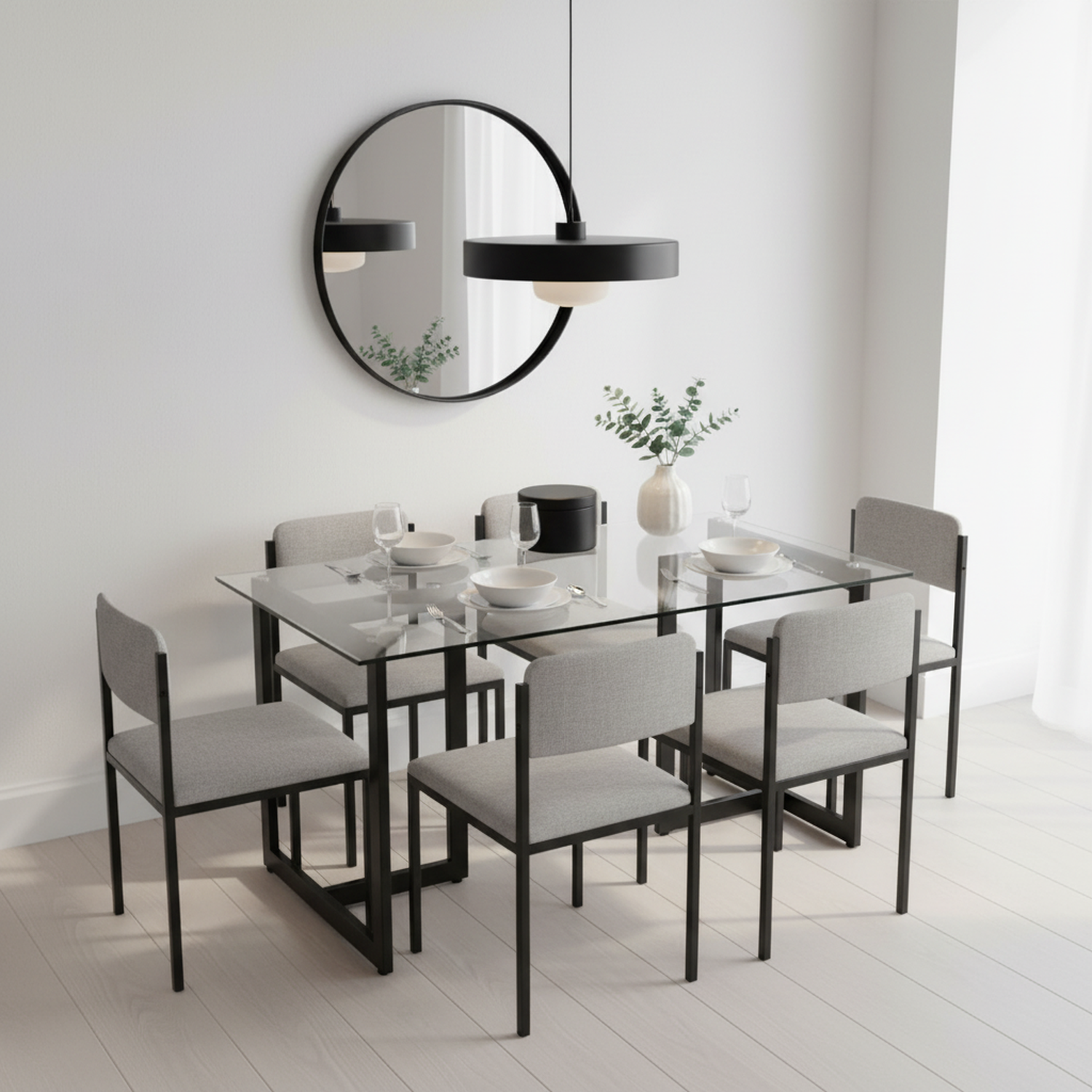 SLIP 55" Glass Dining Table, Clear Tempered Top, Black Metal Base, Modern Rectangular Table for Kitchen Dining Room Home Office