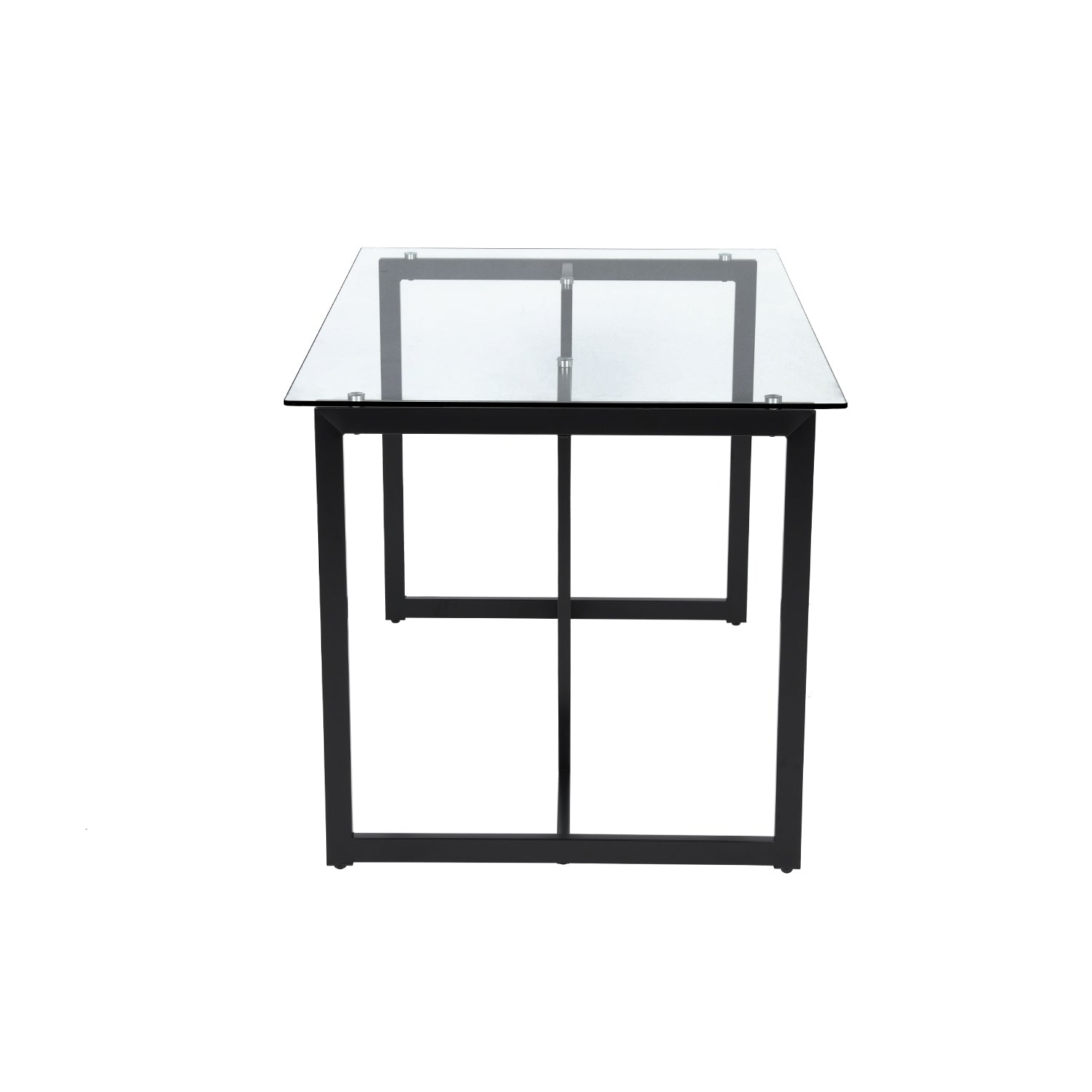 SLIP 55" Glass Dining Table, Clear Tempered Top, Black Metal Base, Modern Rectangular Table for Kitchen Dining Room Home Office