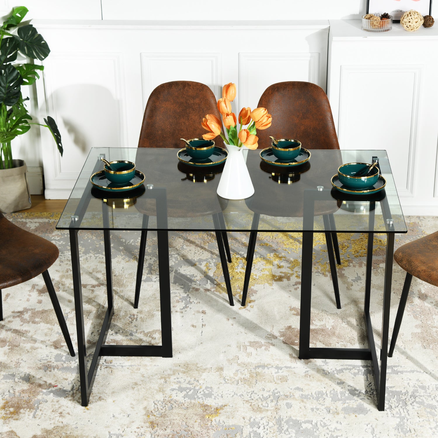 SLIP 55" Glass Dining Table, Clear Tempered Top, Black Metal Base, Modern Rectangular Table for Kitchen Dining Room Home Office