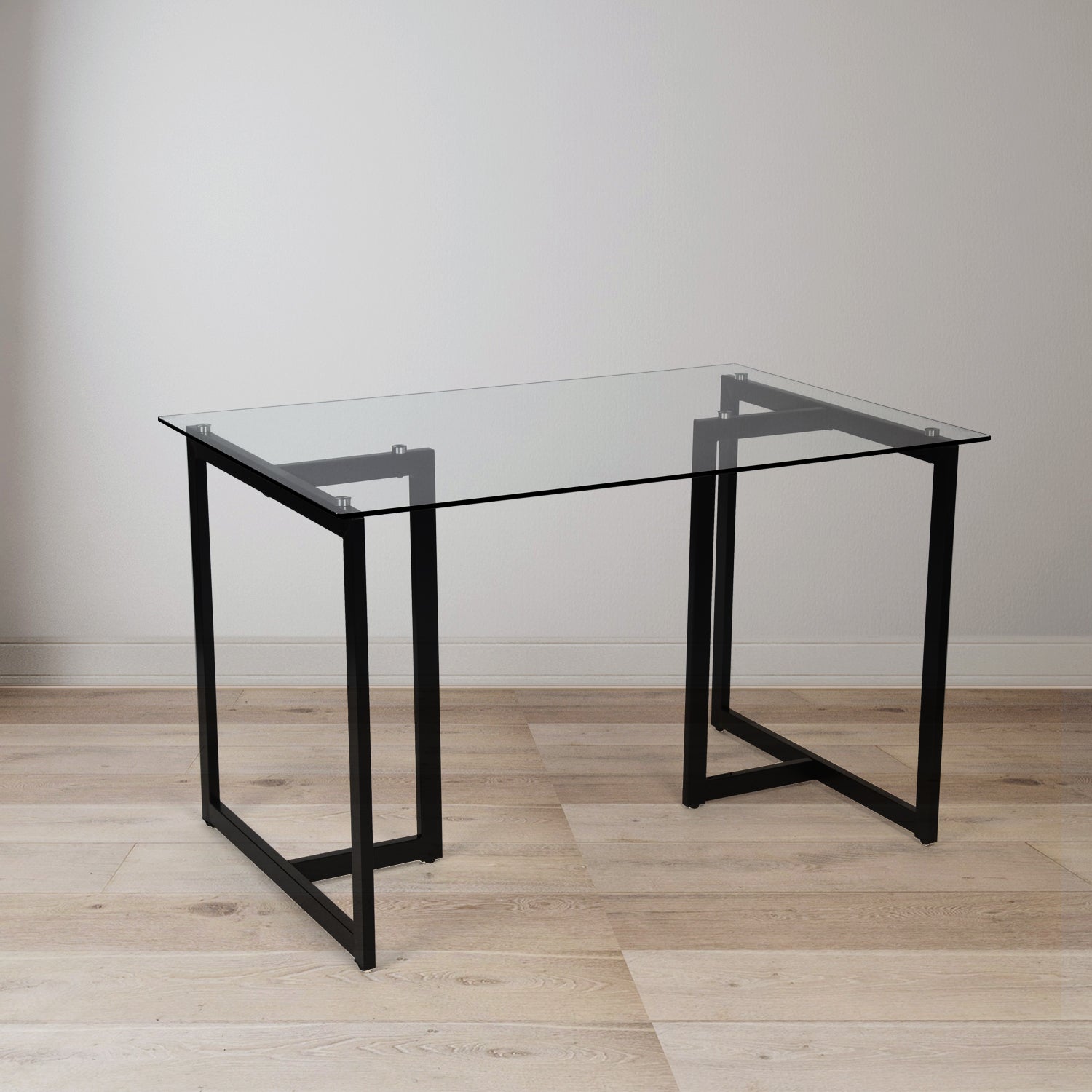 SLIP 55" Glass Dining Table, Clear Tempered Top, Black Metal Base, Modern Rectangular Table for Kitchen Dining Room Home Office