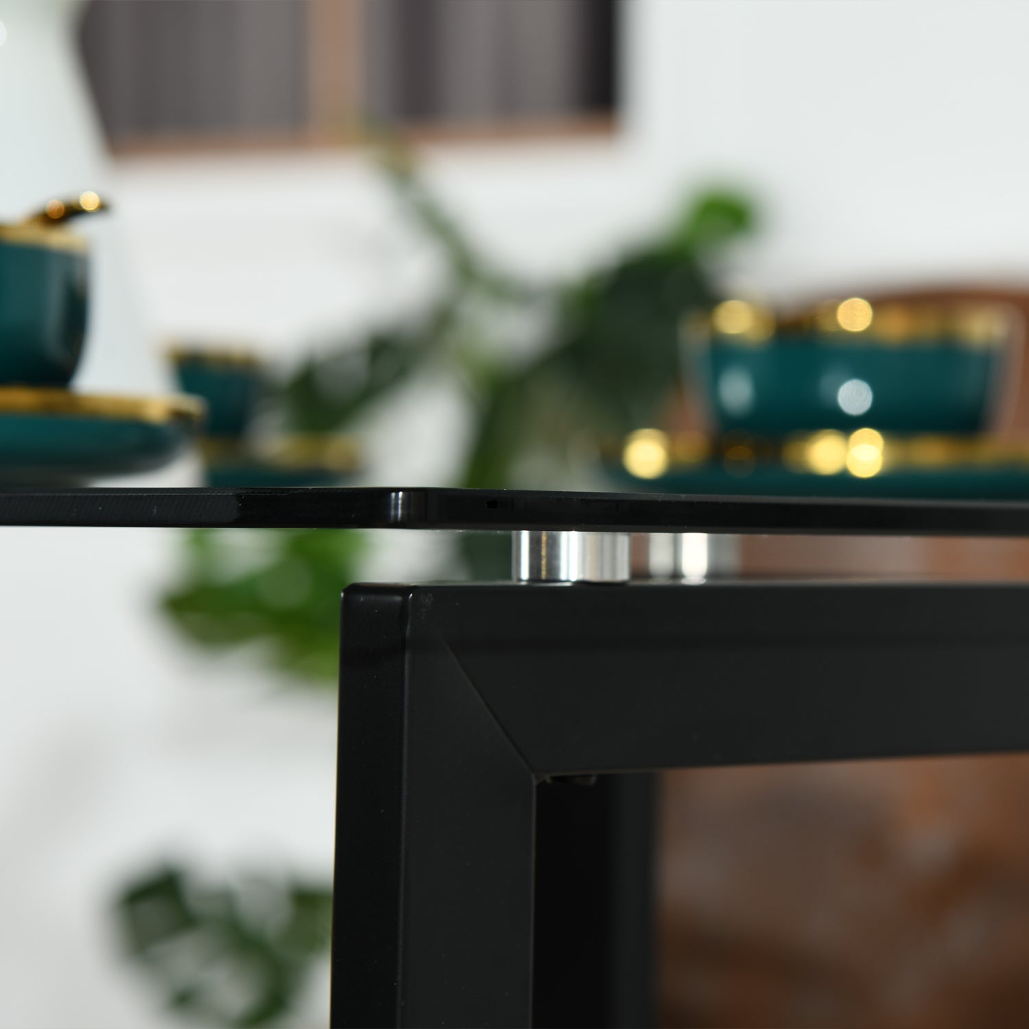 SLIP 55" Glass Dining Table, Clear Tempered Top, Black Metal Base, Modern Rectangular Table for Kitchen Dining Room Home Office