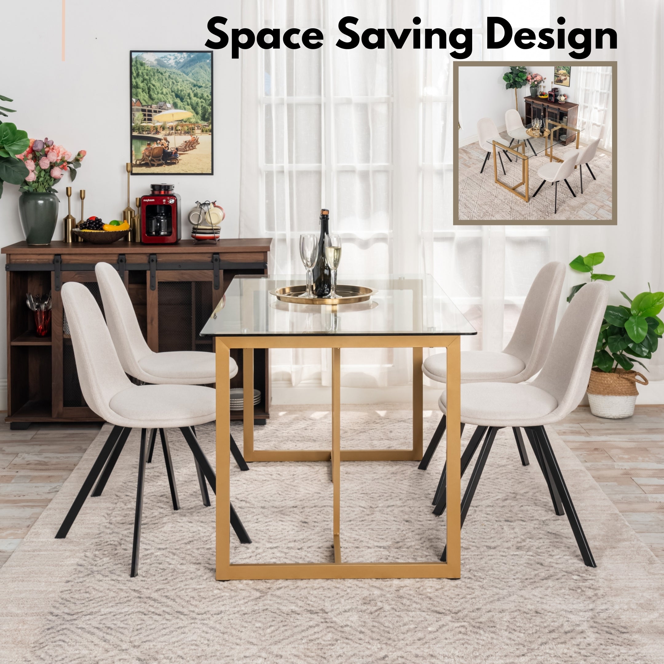 Homy Casa Slip 5PC Gold Glass Dining Set 47" Clear Tempered Glass Table with 4 Sunflower Swivel Chairs Beige Open Box