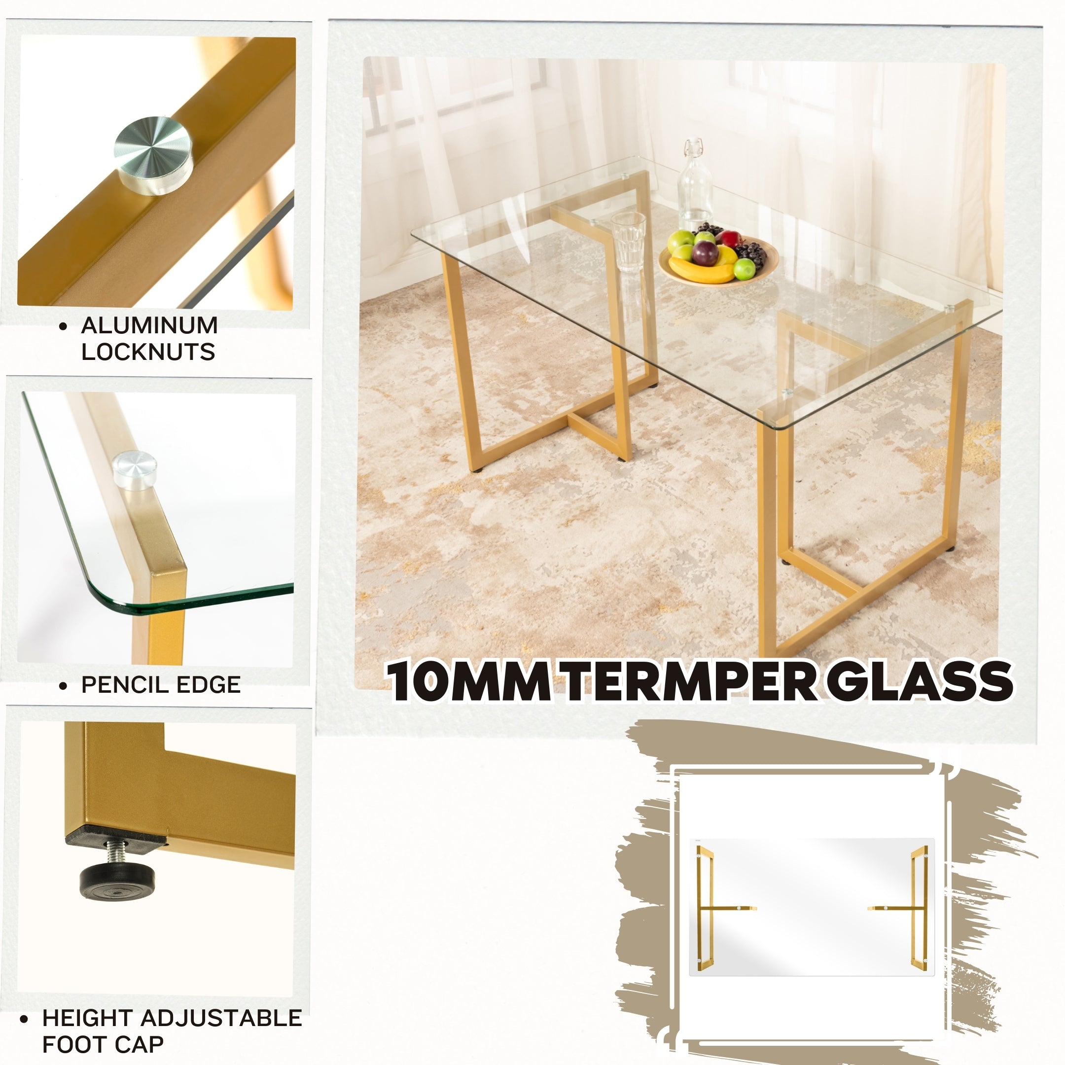 Homy Casa Slip 5PC Gold Glass Dining Set 47" Clear Tempered Glass Table with 4 Sunflower Swivel Chairs Beige Open Box