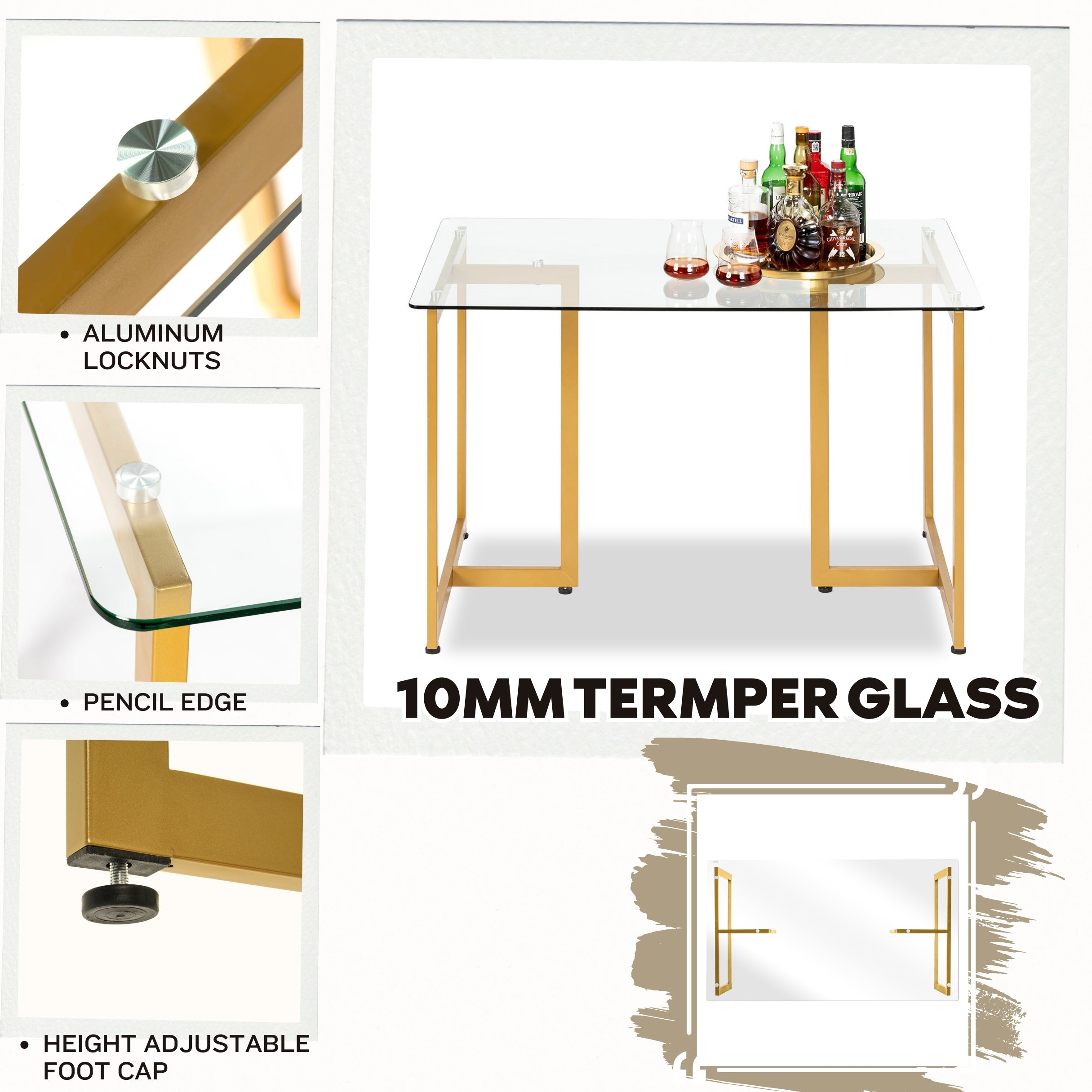 Homy Casa Slip 5PC Gold Glass Dining Set 47" Clear Tempered Glass Table with 4 Sunflower Swivel Chairs Beige Open Box