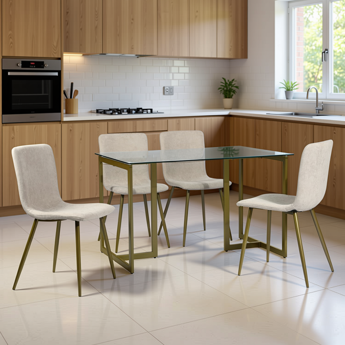 Homy Casa SLIP+SCARGILL 5PC Dining Set with 47.2" Glass Table and 4 Scargill Beige Upholstered Chairs Open Box