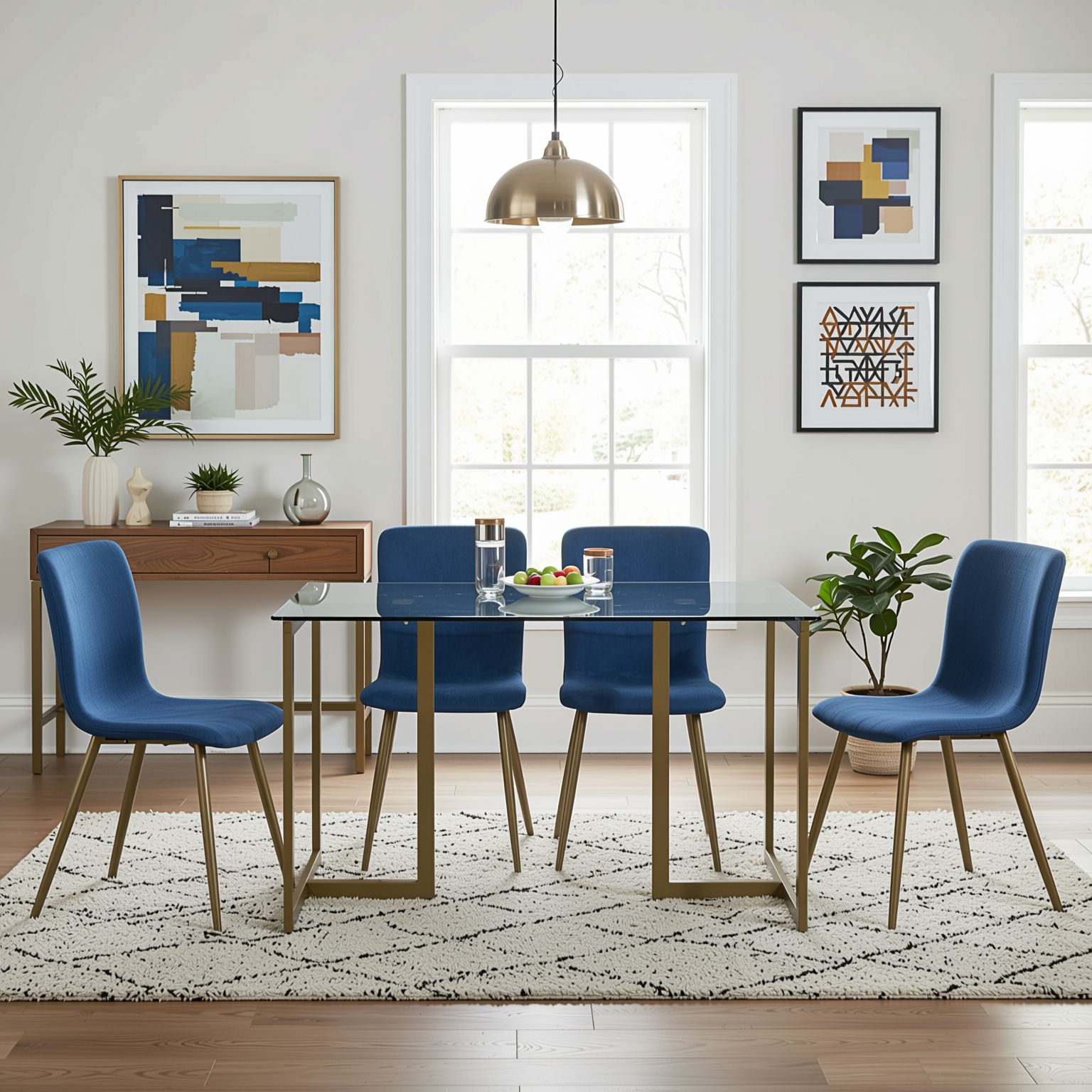 Homy Casa SLIP+Scargill 5PC Dining Set 47.2” Tempered Glass Table with 4 Scargill Blue Upholstered Chairs, Gold Finish Open Box