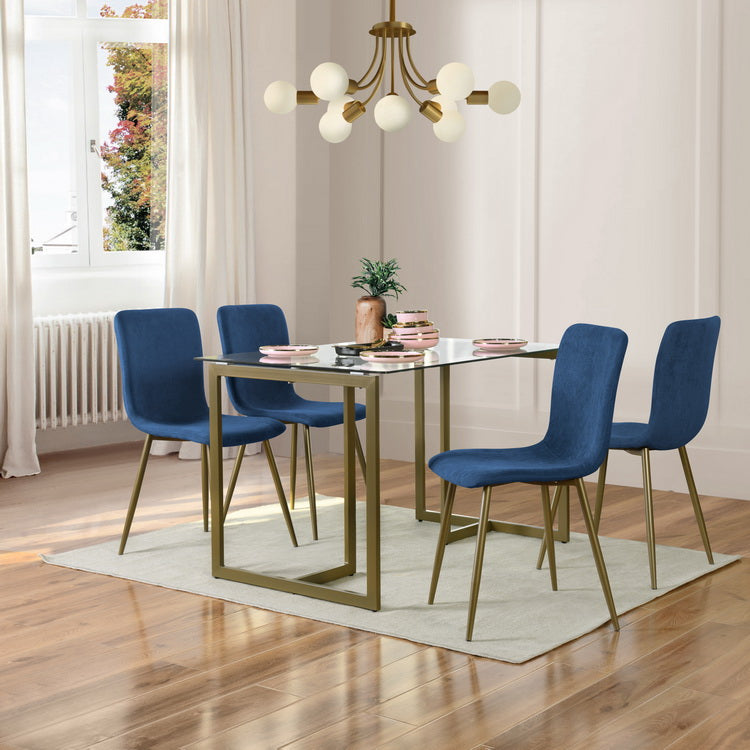 Homy Casa SLIP+Scargill 5PC Dining Set 47.2” Tempered Glass Table with 4 Scargill Blue Upholstered Chairs, Gold Finish Open Box