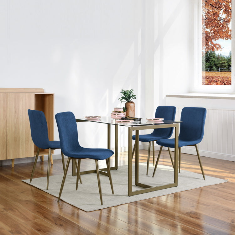 Homy Casa SLIP+Scargill 5PC Dining Set 47.2” Tempered Glass Table with 4 Scargill Blue Upholstered Chairs, Gold Finish Open Box