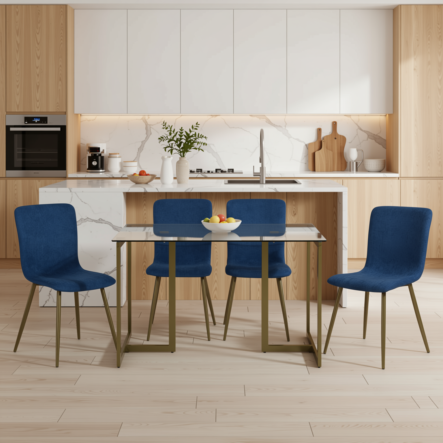 Homy Casa SLIP+Scargill 5PC Dining Set 47.2” Tempered Glass Table with 4 Scargill Blue Upholstered Chairs, Gold Finish Open Box