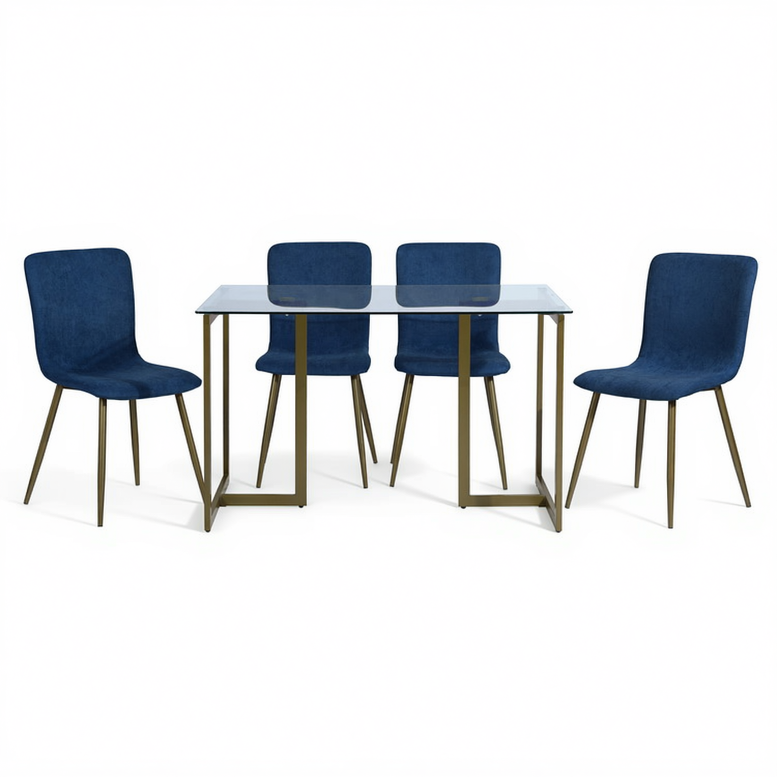 Homy Casa SLIP+Scargill 5PC Dining Set 47.2” Tempered Glass Table with 4 Scargill Blue Upholstered Chairs, Gold Finish Open Box