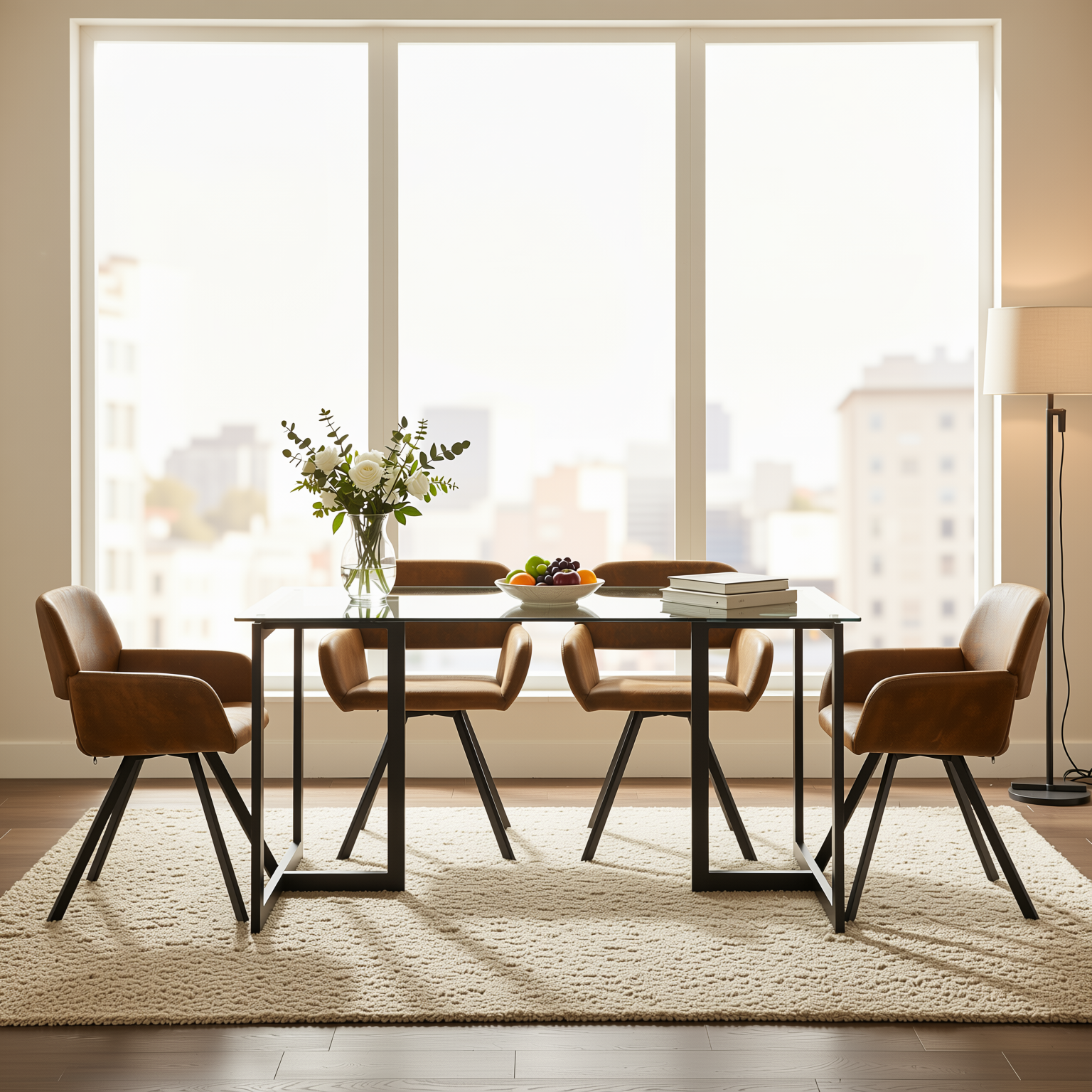 Homy Casa SLIP+CALIFORNIA 5PC Dining Set 47.2” Glass Table with 4 California Swivel Suede Brown Chairs in Black Finish Open Box