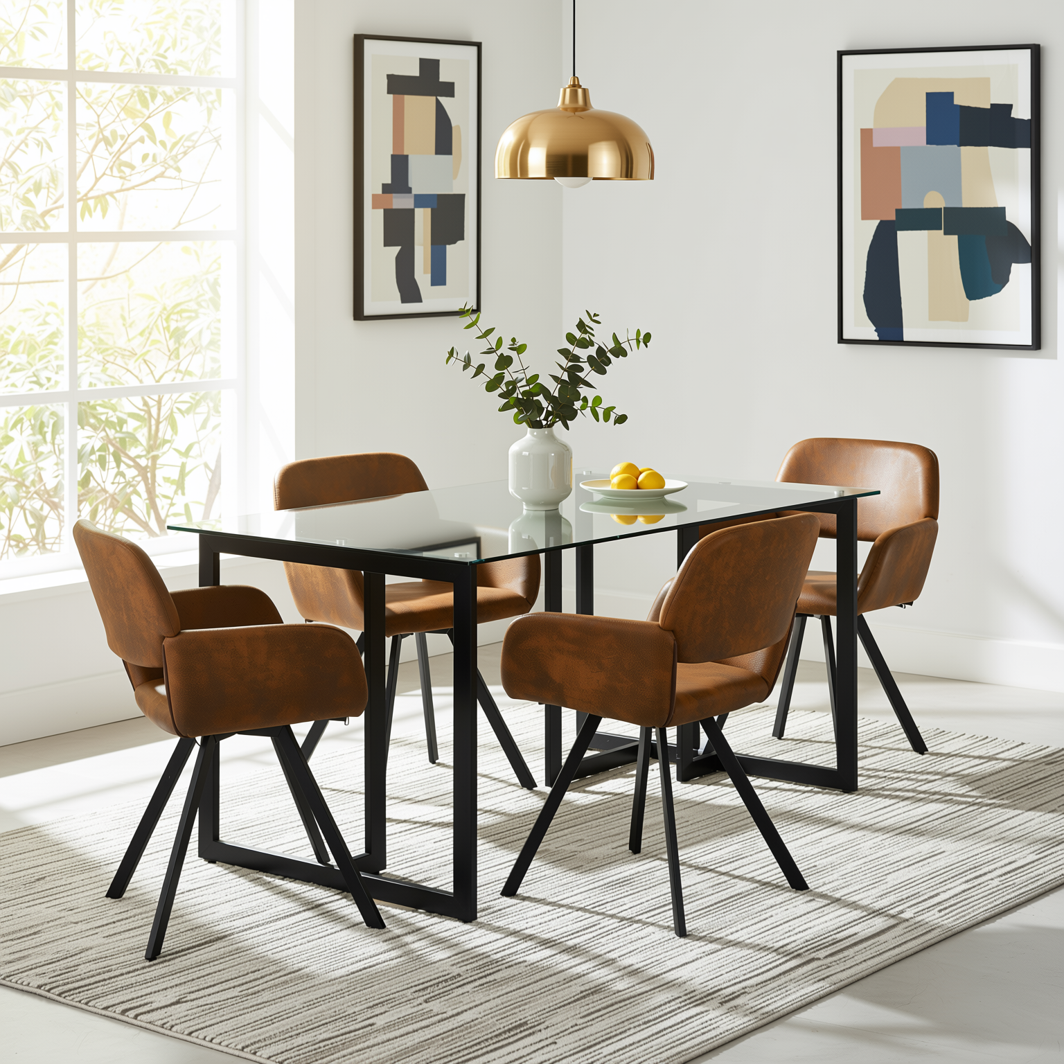 Homy Casa SLIP+CALIFORNIA 5PC Dining Set 47.2” Glass Table with 4 California Swivel Suede Brown Chairs in Black Finish Open Box