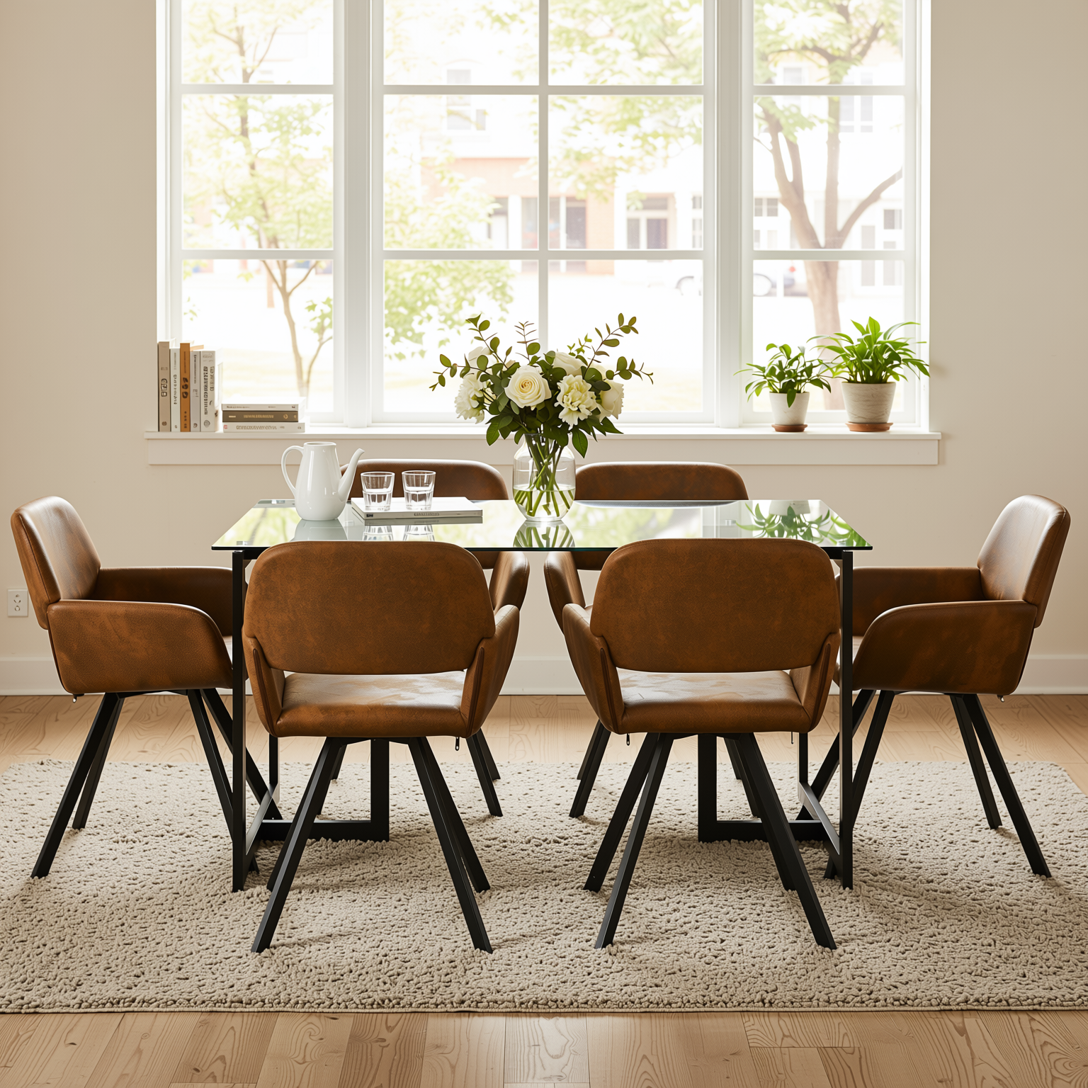 Homy Casa SLIP GLASS 7PC Dining Set 47.2” Glass Table with 6 California Brown Swivel Chairs, Black Legs Open Box