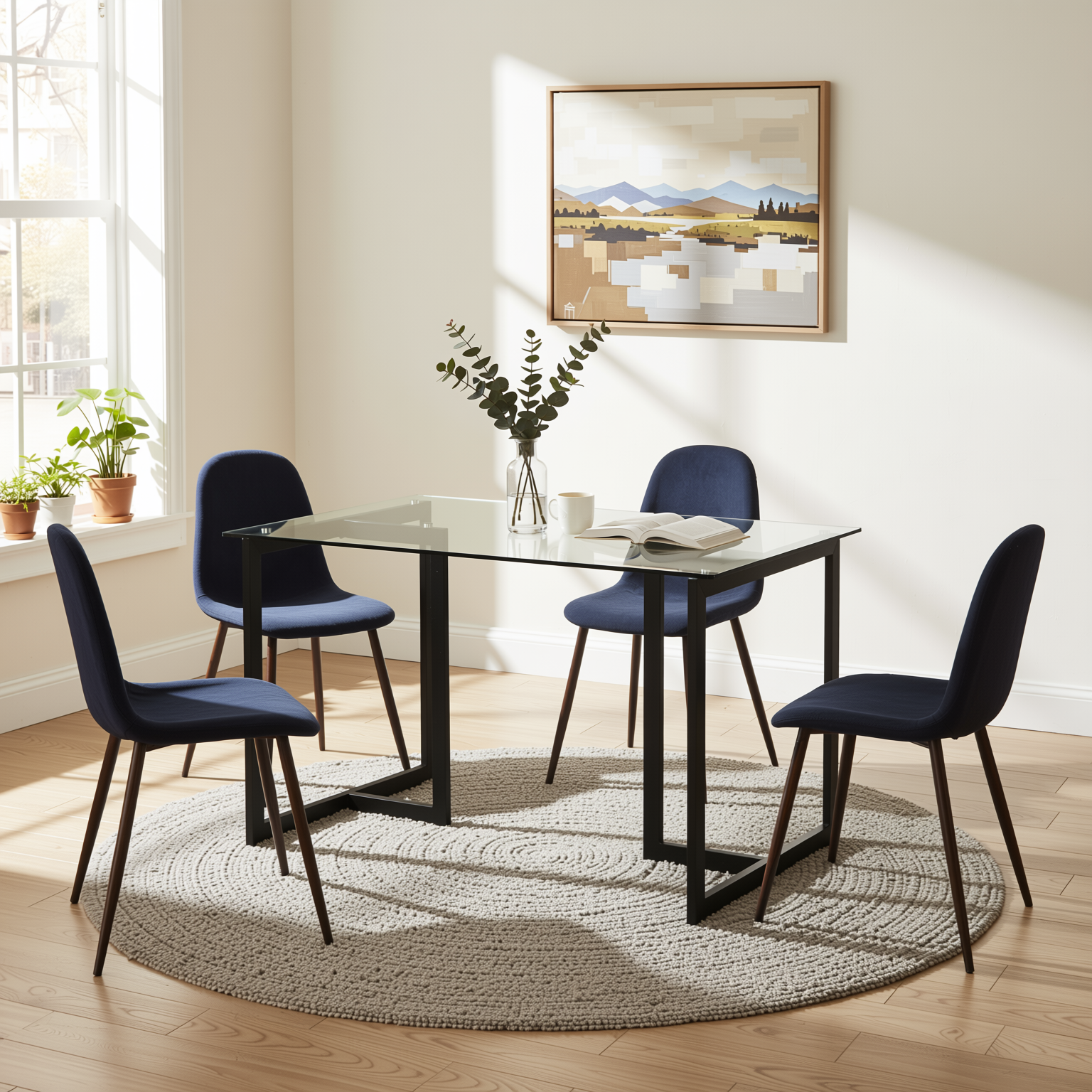 Homy Casa SLIP+CHARLTON 5PC Dining Set 47.2” Glass Table with 4 Blue Upholstered Chairs – Black Metal Legs Open Box