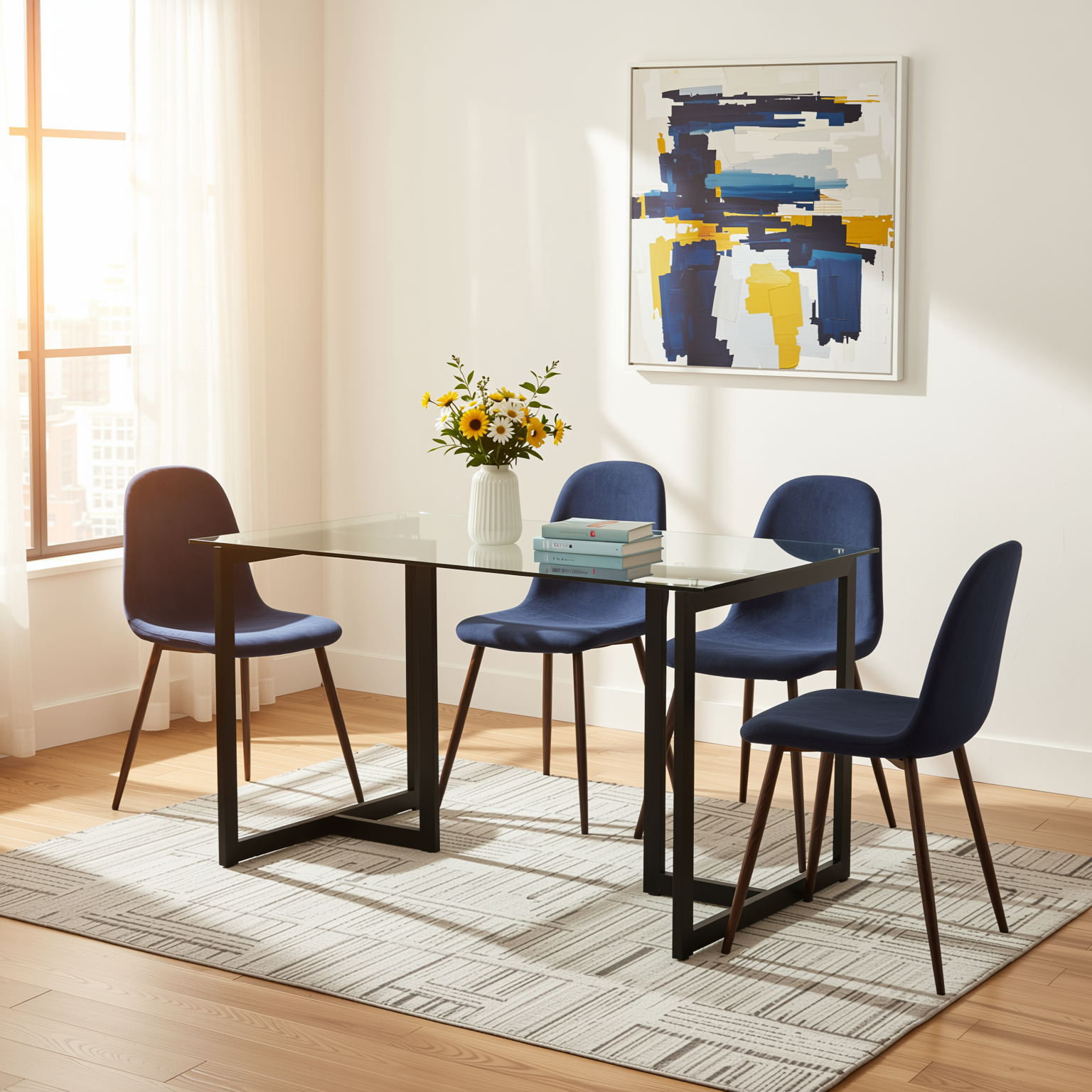 Homy Casa SLIP+CHARLTON 5PC Dining Set 47.2” Glass Table with 4 Blue Upholstered Chairs – Black Metal Legs Open Box