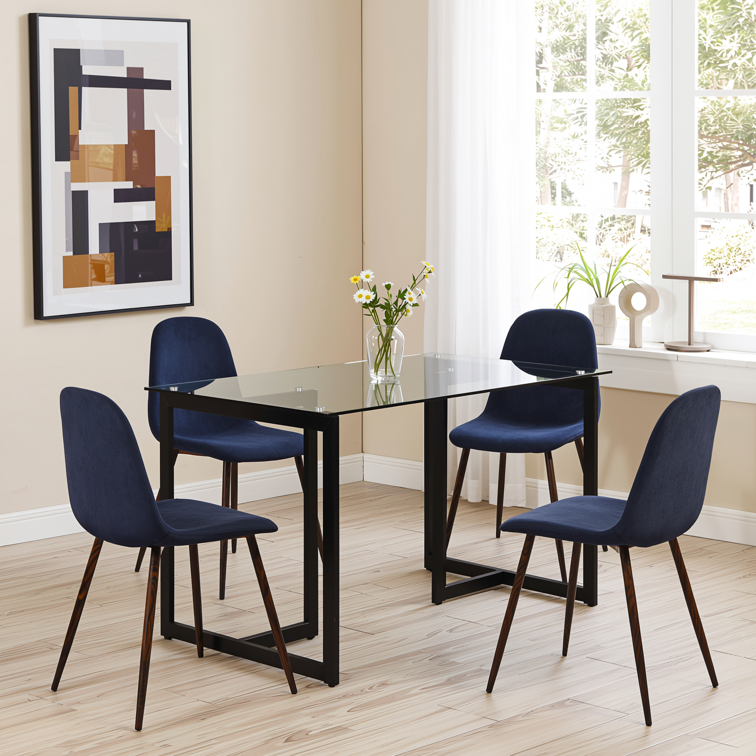 Homy Casa SLIP+CHARLTON 5PC Dining Set 47.2” Glass Table with 4 Blue Upholstered Chairs – Black Metal Legs Open Box