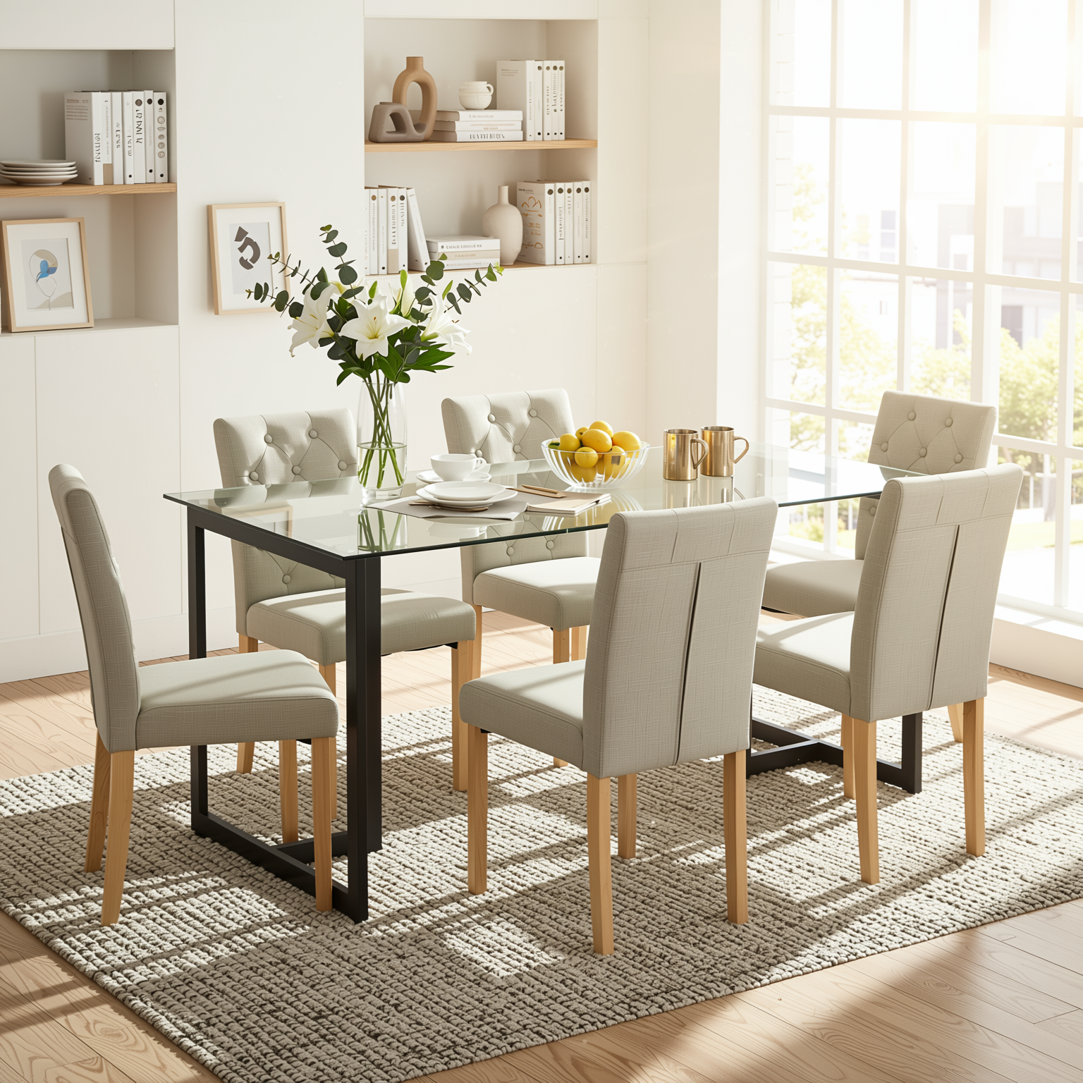 Homy Casa Slip 5PC Dining Set 55” Clear Glass Table with Black Metal Base and 4 Douro Grey Fabric Chairs