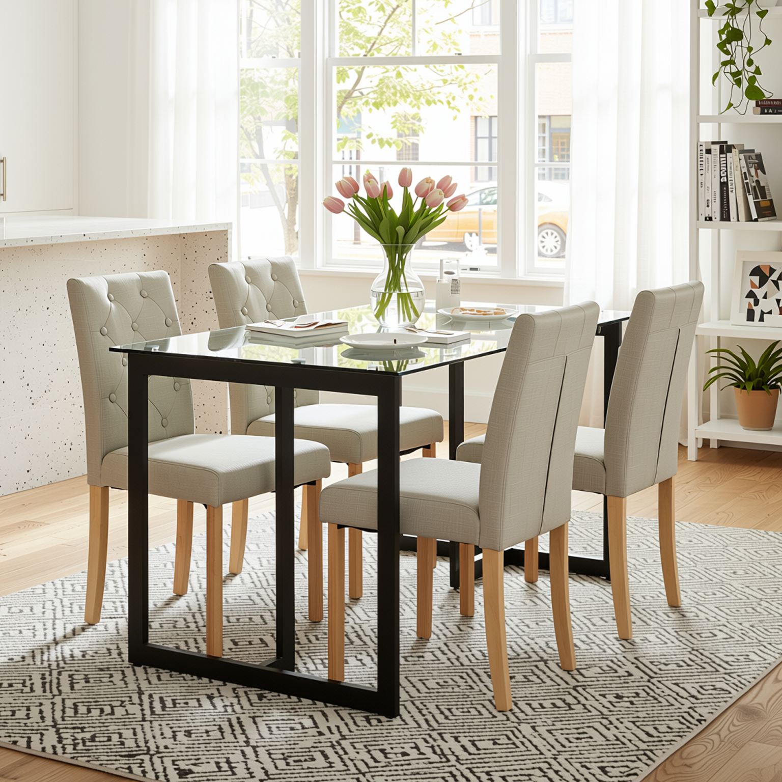 Homy Casa Slip 5PC Dining Set 55” Clear Glass Table with Black Metal Base and 4 Douro Grey Fabric Chairs