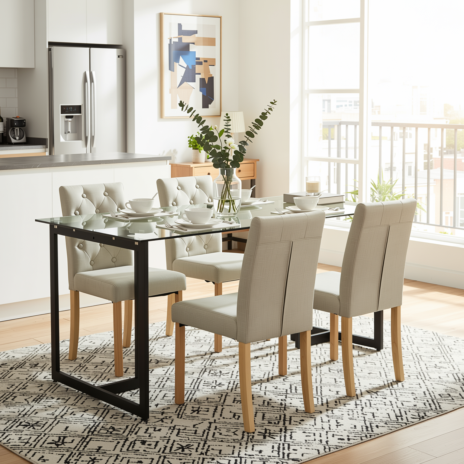 Homy Casa Slip 5PC Dining Set 55” Clear Glass Table with Black Metal Base and 4 Douro Grey Fabric Chairs