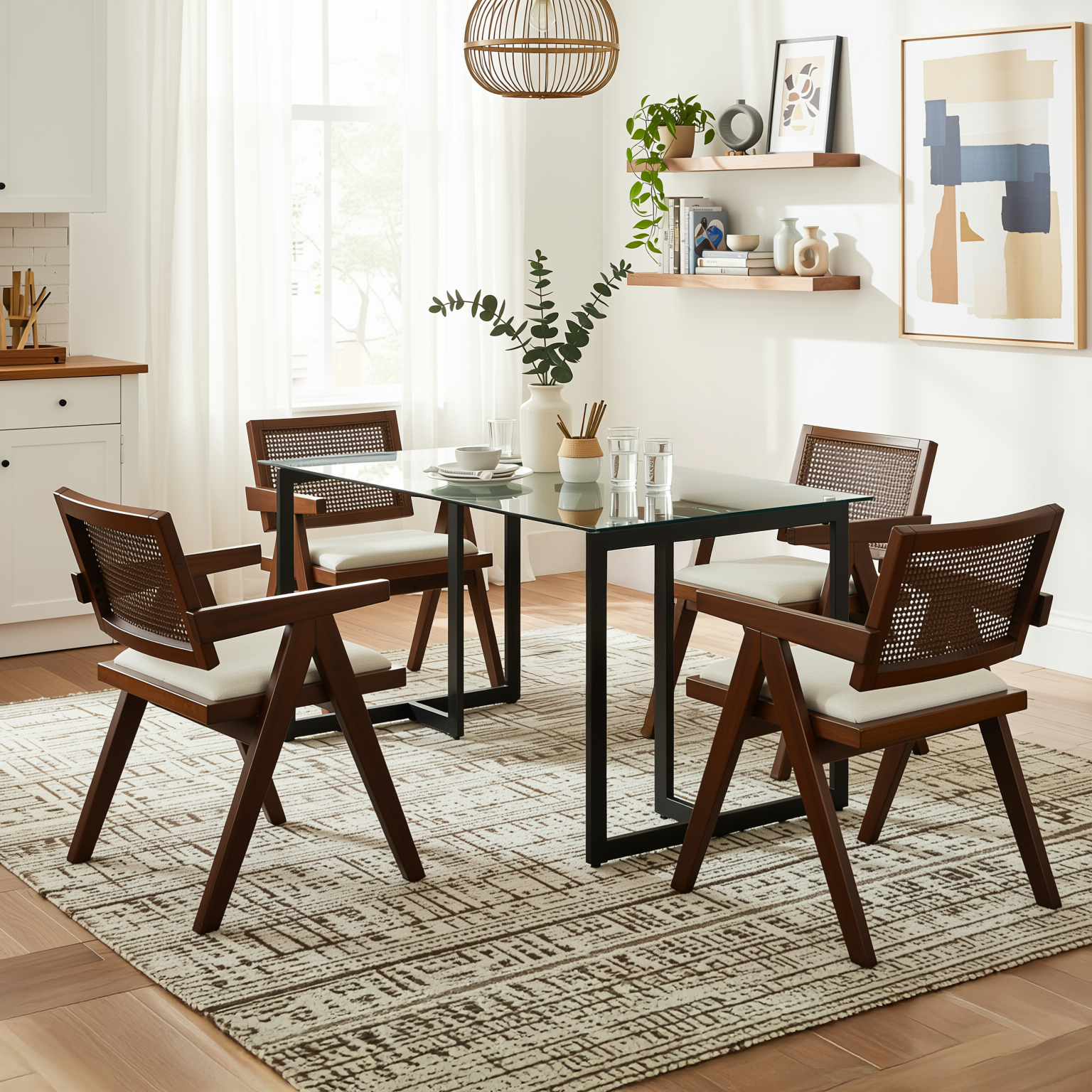 Homy Casa Slip 5PC Dining Set 55” Clear Glass Table with 4 Xuzids Mid-Century Rattan Back Chairs