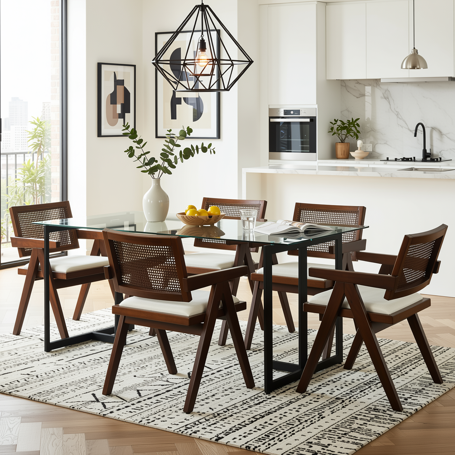 Homy Casa Slip 7PC Dining Set 55” Clear Glass Table with 6 Xuzids Mid-Century Rattan Back Chairs
