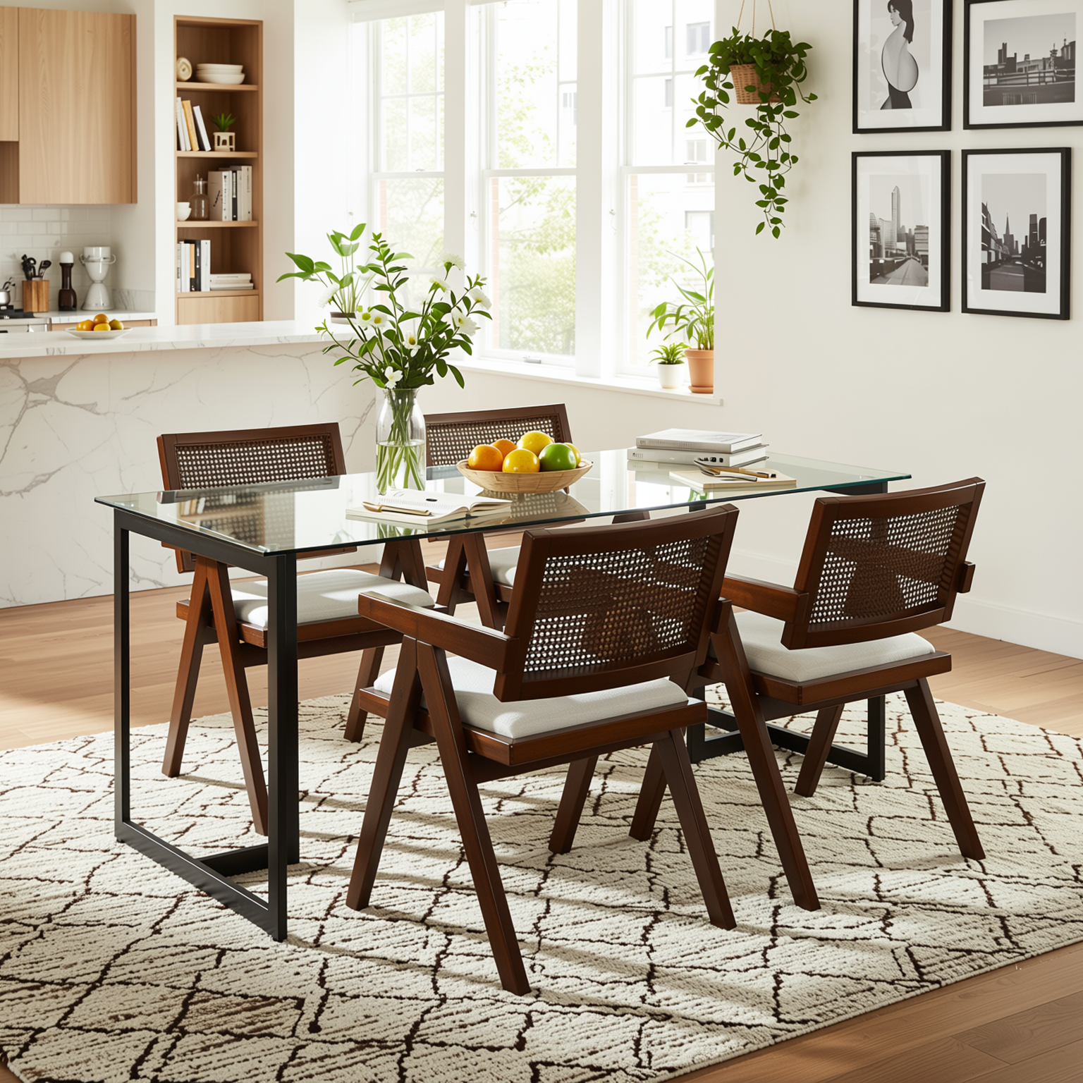 Homy Casa Slip 5PC Dining Set 55” Clear Glass Table with 4 Xuzids Mid-Century Rattan Back Chairs