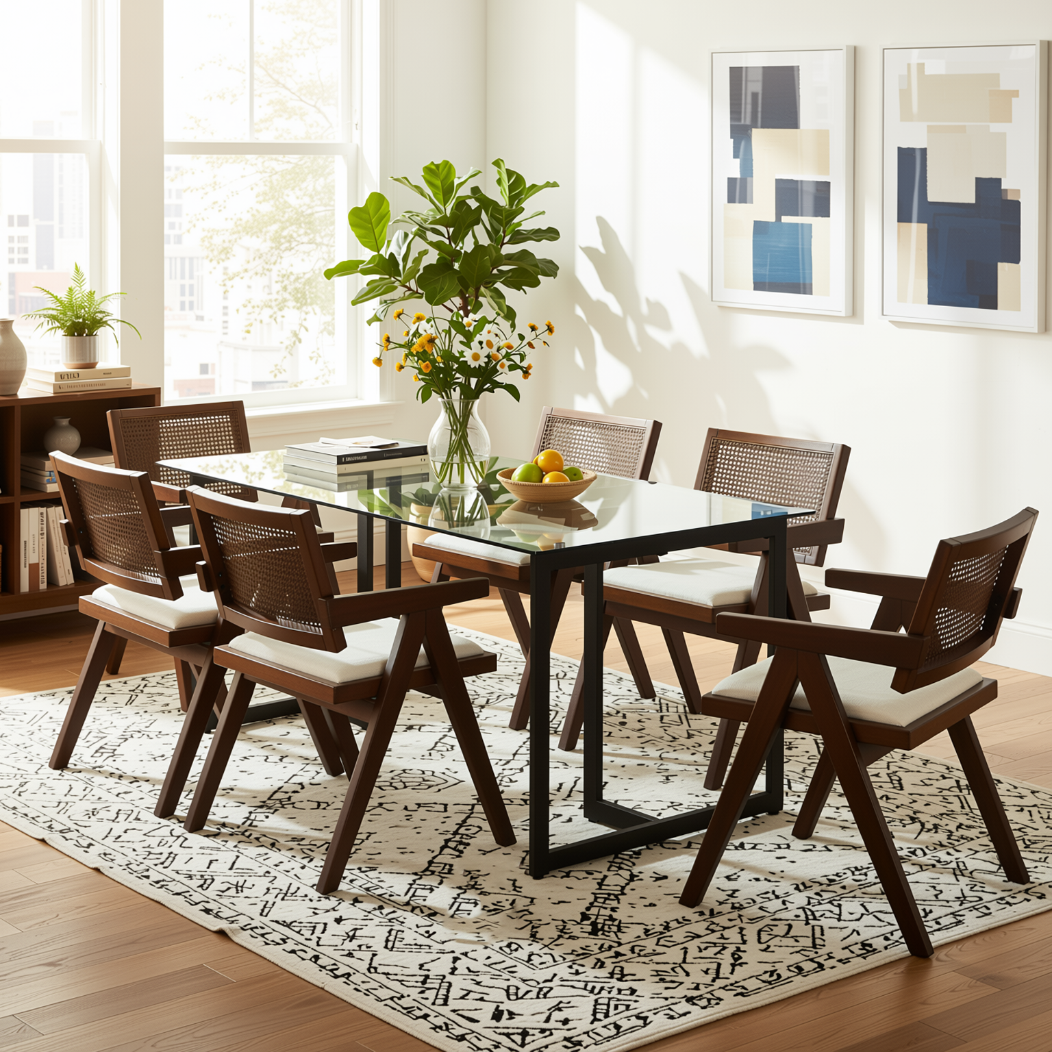 Homy Casa Slip 7PC Dining Set 55” Clear Glass Table with 6 Xuzids Mid-Century Rattan Back Chairs