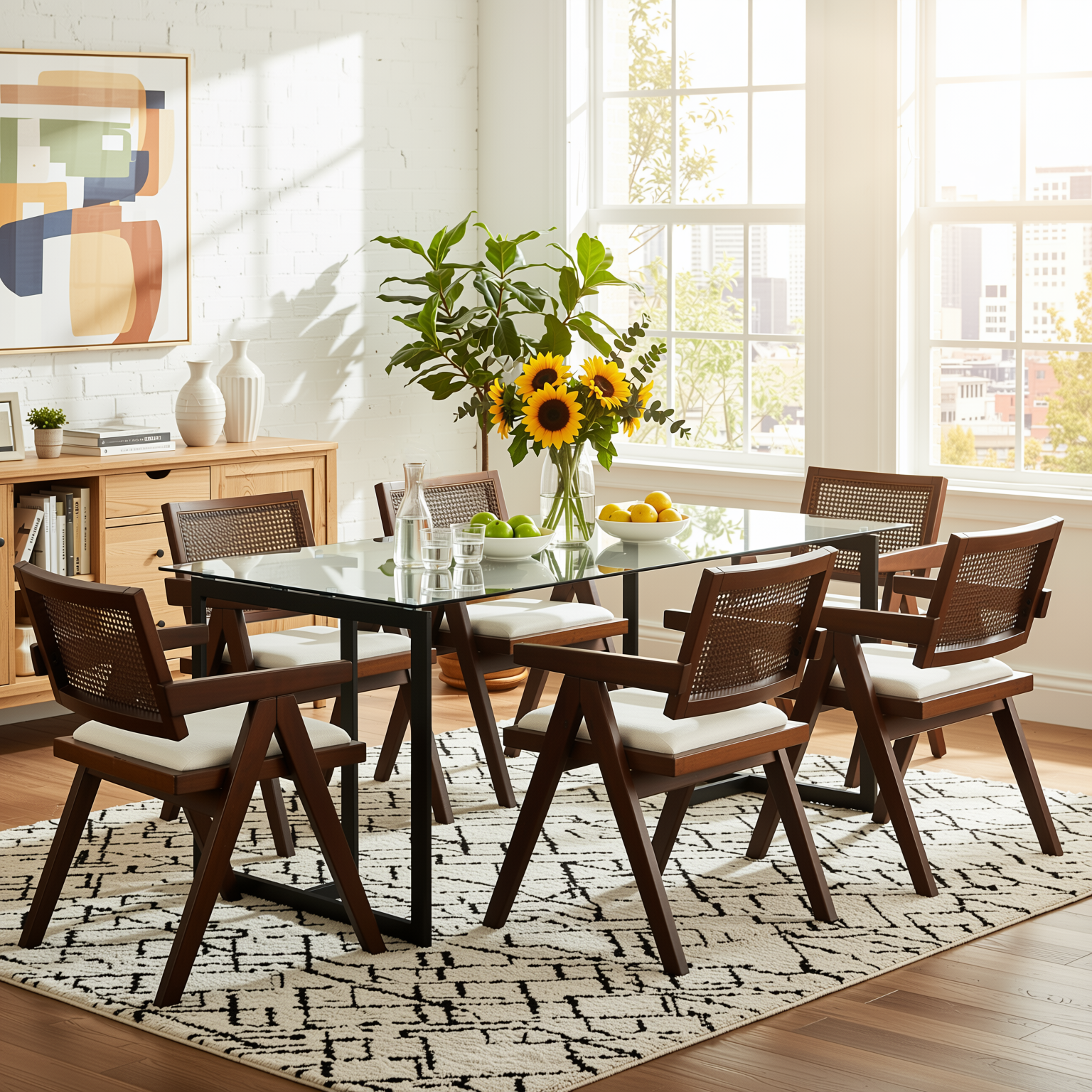 Homy Casa Slip 7PC Dining Set 55” Clear Glass Table with 6 Xuzids Mid-Century Rattan Back Chairs
