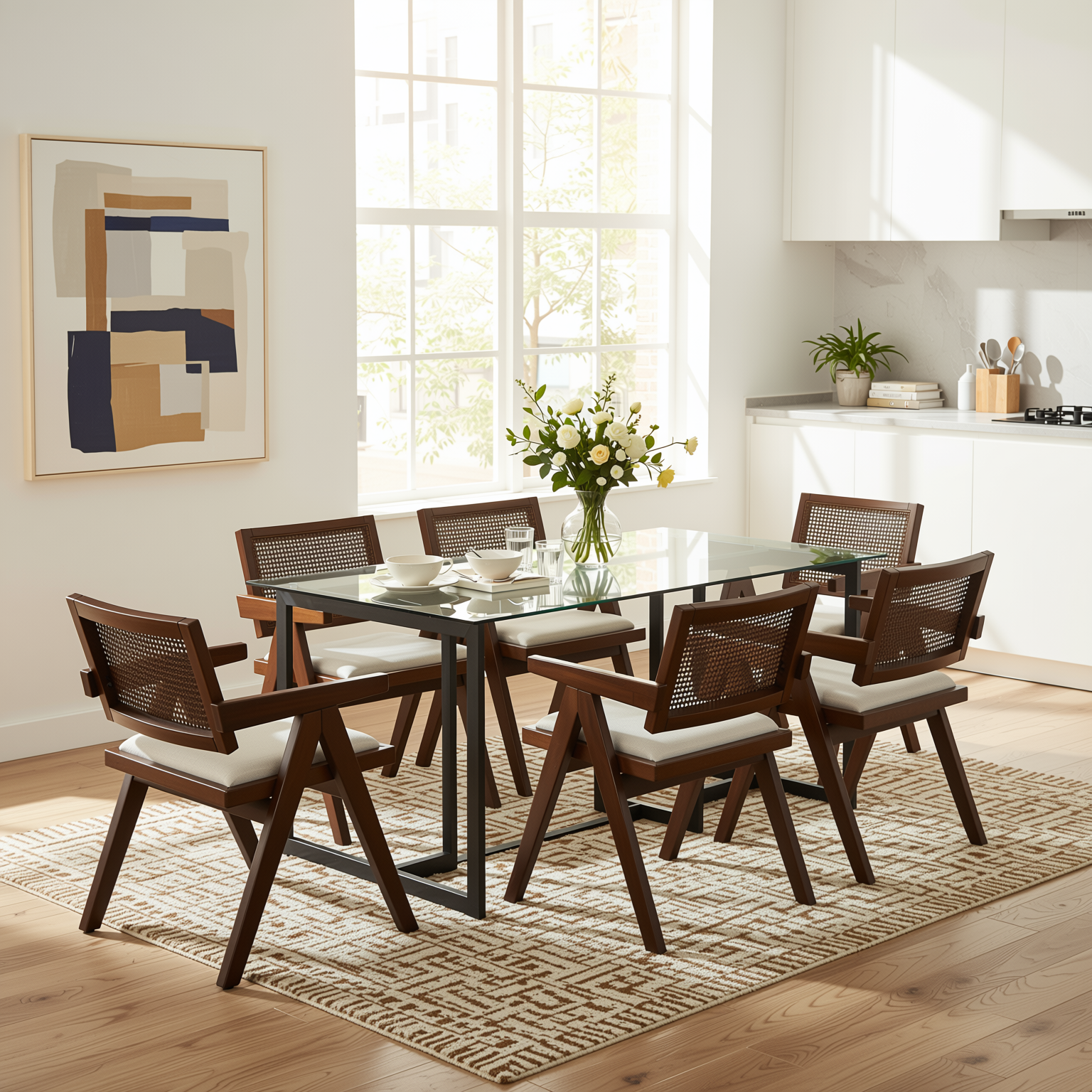 Homy Casa Slip 7PC Dining Set 55” Clear Glass Table with 6 Xuzids Mid-Century Rattan Back Chairs