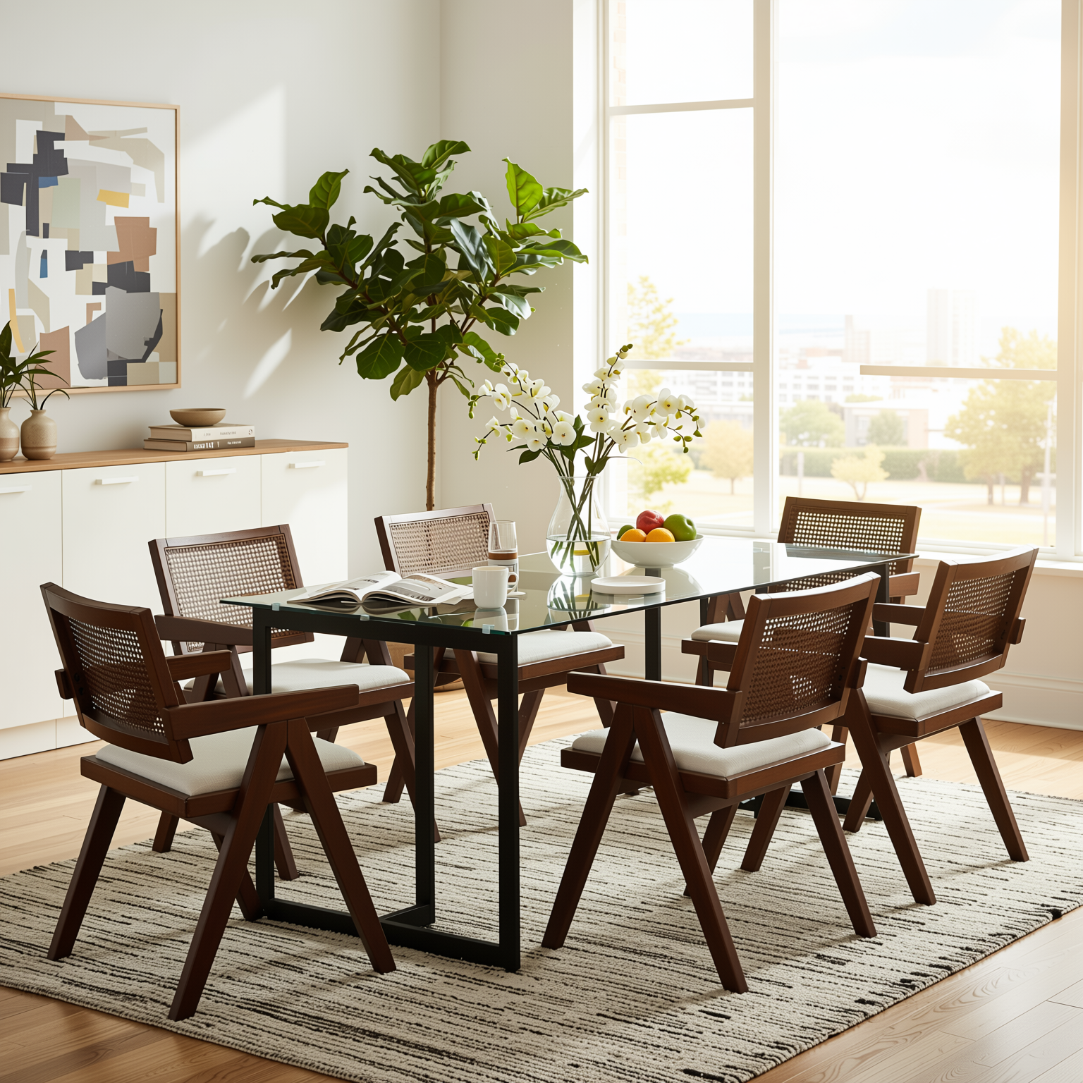 Homy Casa Slip 7PC Dining Set 55” Clear Glass Table with 6 Xuzids Mid-Century Rattan Back Chairs