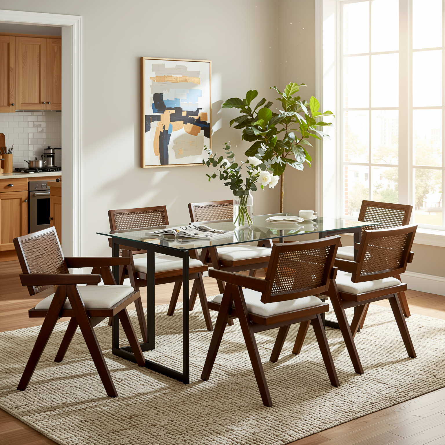 Homy Casa Slip 7PC Dining Set 55” Clear Glass Table with 6 Xuzids Mid-Century Rattan Back Chairs