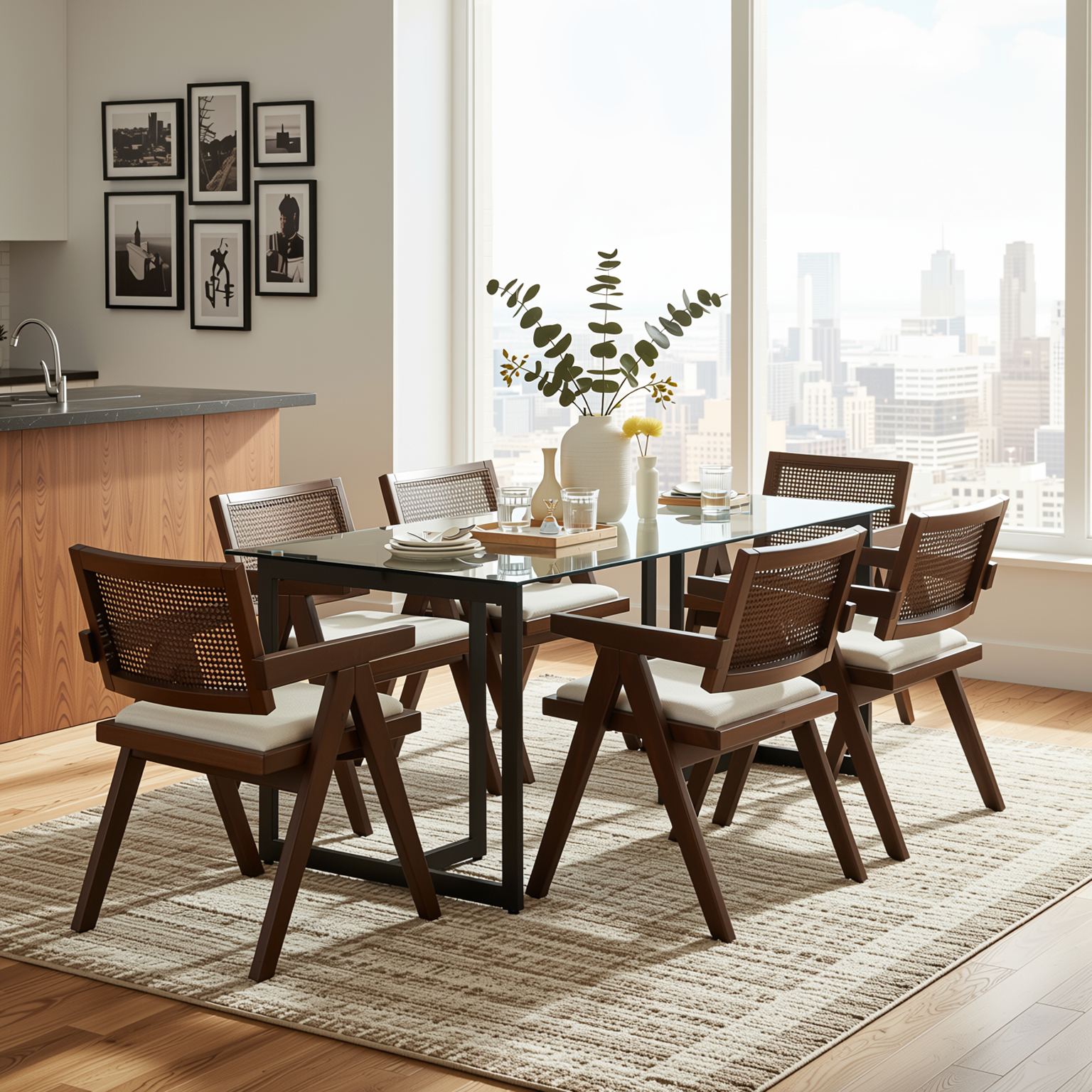 Homy Casa Slip 7PC Dining Set 55” Clear Glass Table with 6 Xuzids Mid-Century Rattan Back Chairs