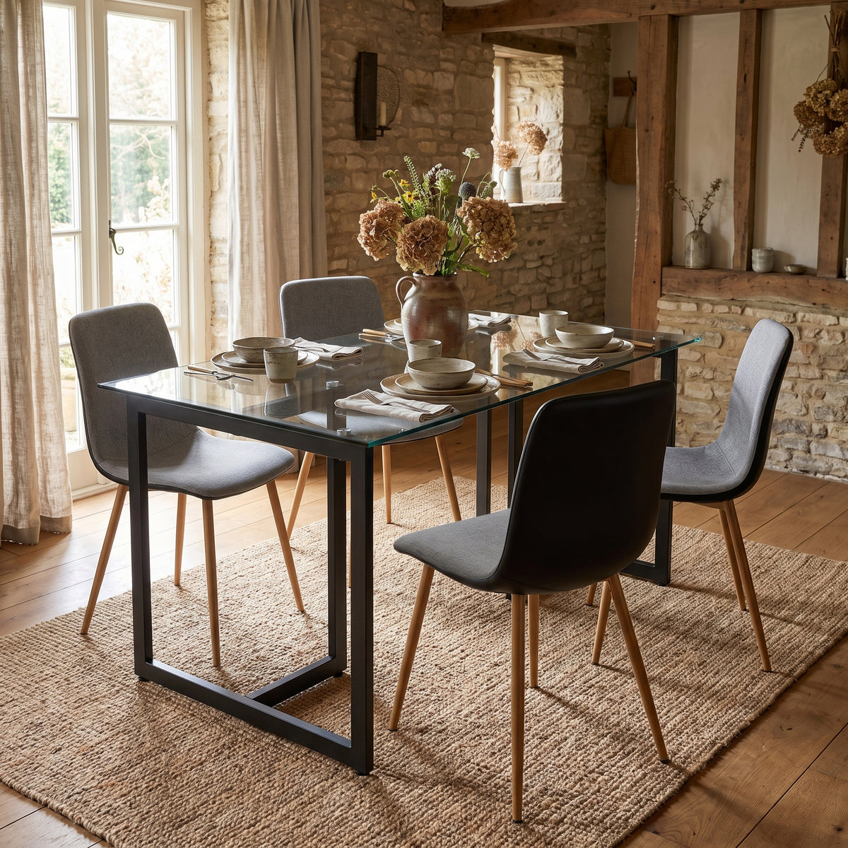 Homy Casa SLIP+SCARGILL 5-Piece Dining Set with 55-Inch Glass Table and 4 Grey Upholstered Chairs
