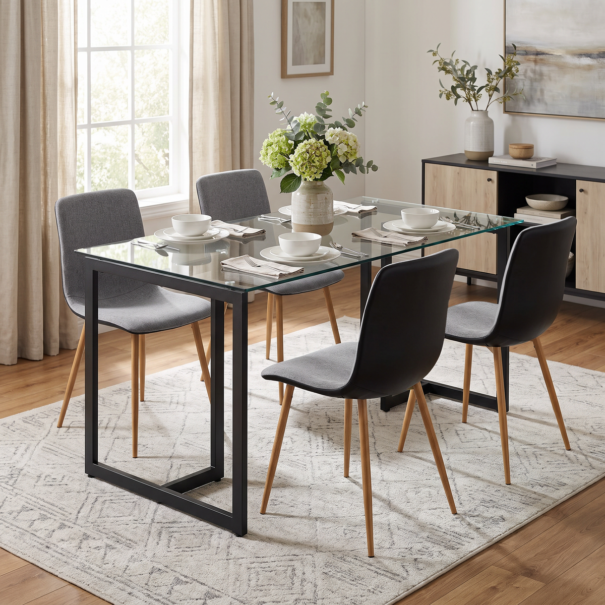 Homy Casa SLIP+SCARGILL 5-Piece Dining Set with 55-Inch Glass Table and 4 Grey Upholstered Chairs