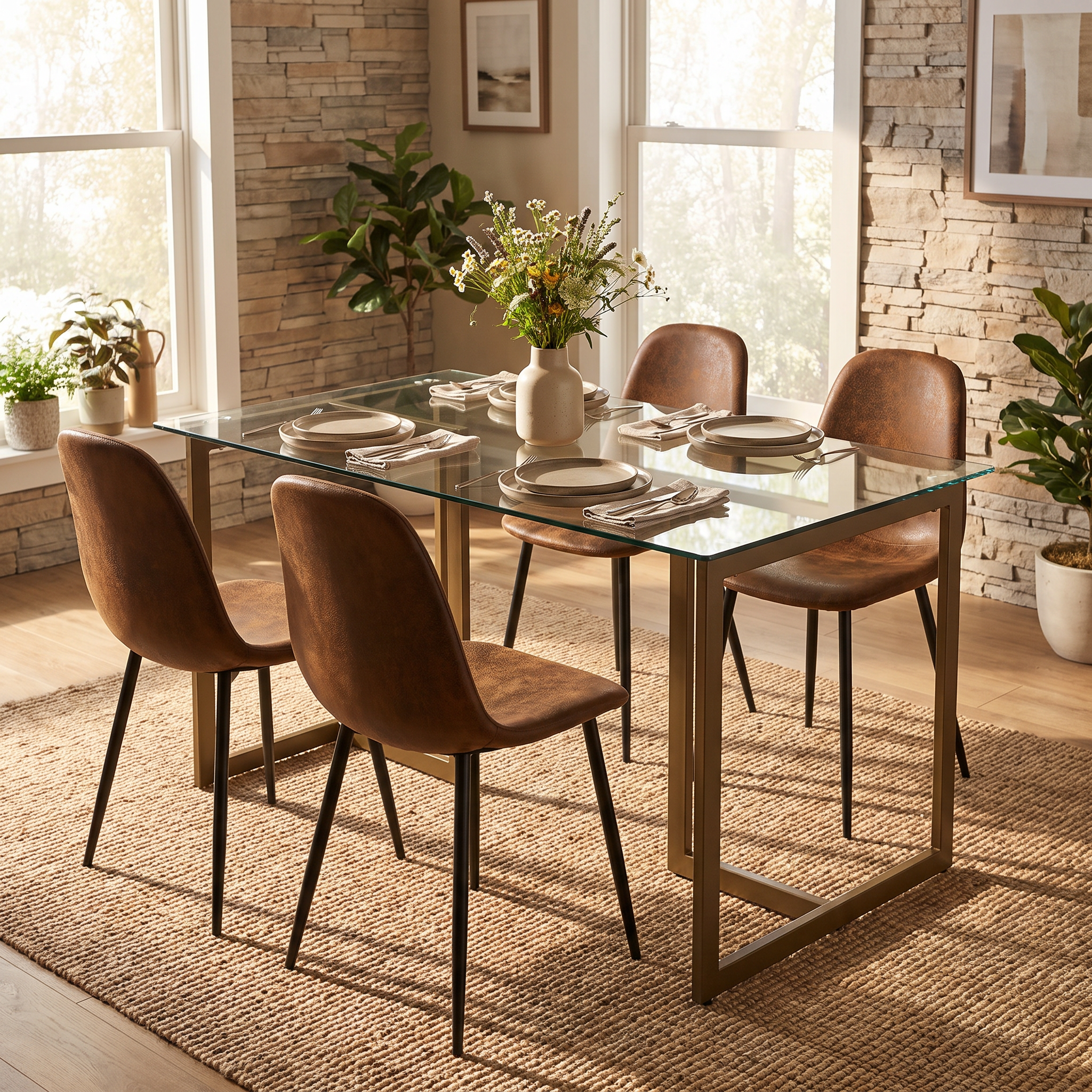 Homy Casa SLIP+CHARLTON 5PC Dining Set 47.24" Glass Table with 4 Charlton Dark Brown Suede Chairs in Gold and Brown Open Box