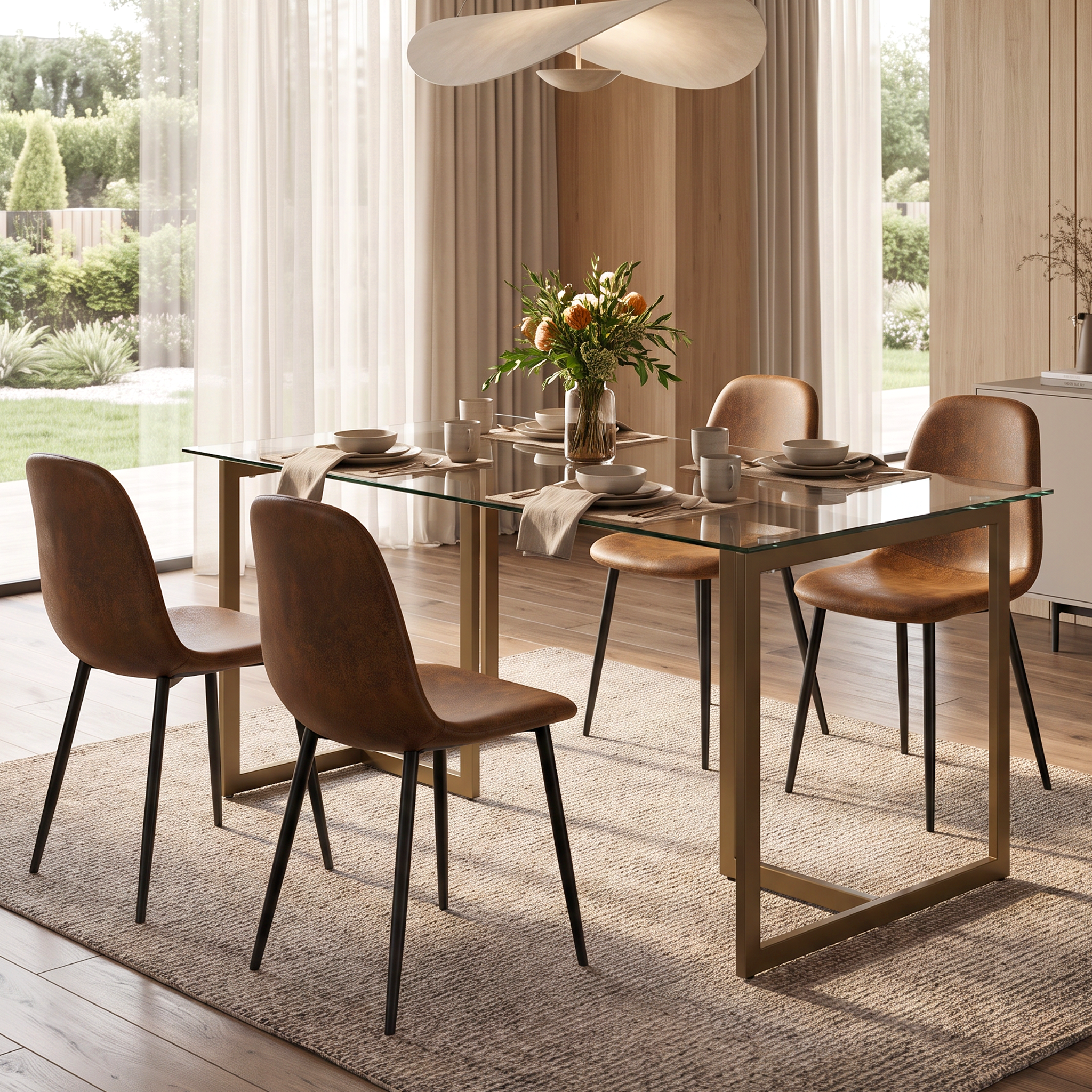 Homy Casa SLIP+CHARLTON 5PC Dining Set 47.24" Glass Table with 4 Charlton Dark Brown Suede Chairs in Gold and Brown Open Box