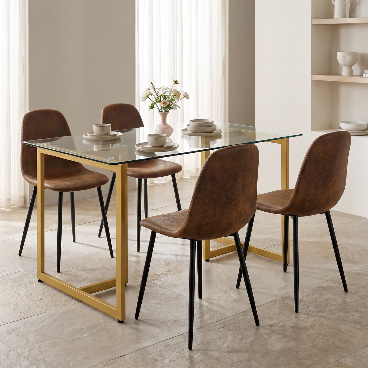Homy Casa SLIP + CHARLTON 5PC 47.24" Dining Set Glass Table with 4 Suede Dark Brown Chairs Open Box