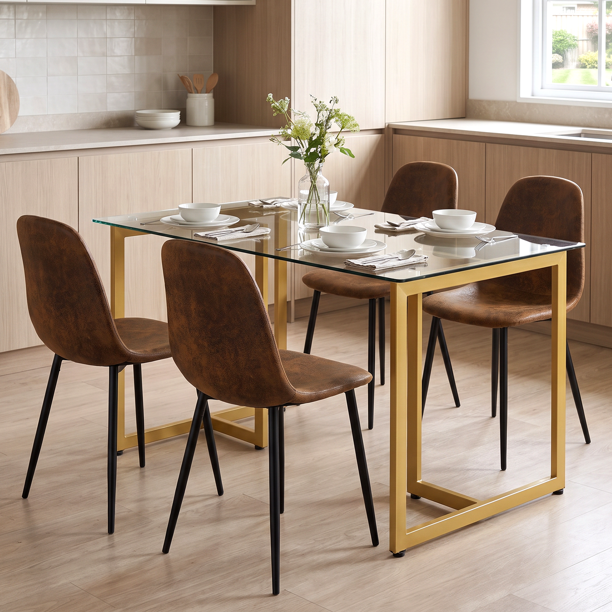 Homy Casa SLIP + CHARLTON 5PC 47.24" Dining Set Glass Table with 4 Suede Dark Brown Chairs Open Box