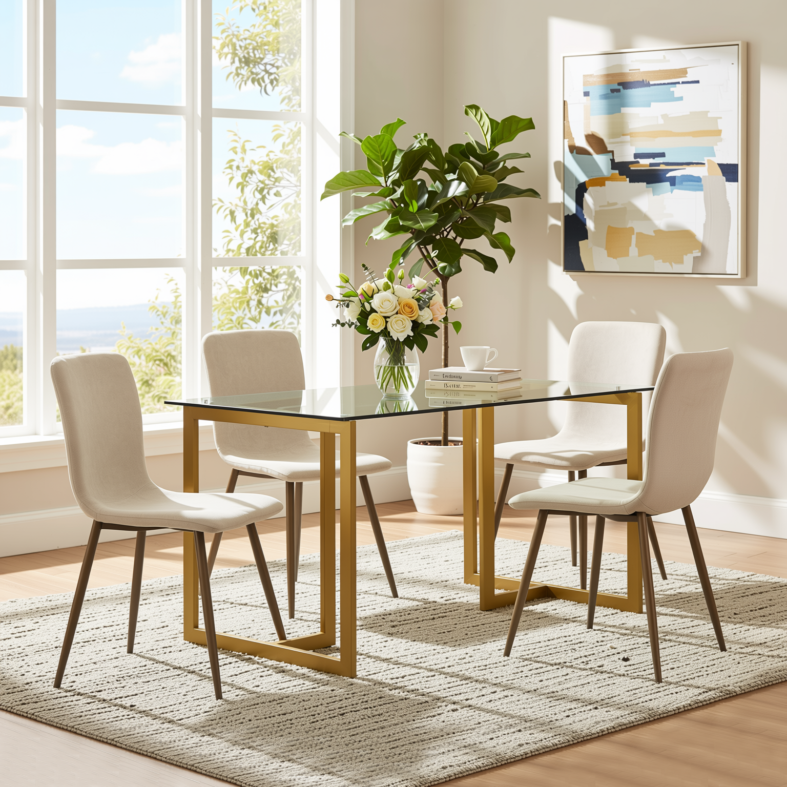 Homy Casa SLIP+SCARGILL 5PC Dining Set 47.2” Glass Table with 4 Beige Upholstered Chairs in Gold Finish Open Box