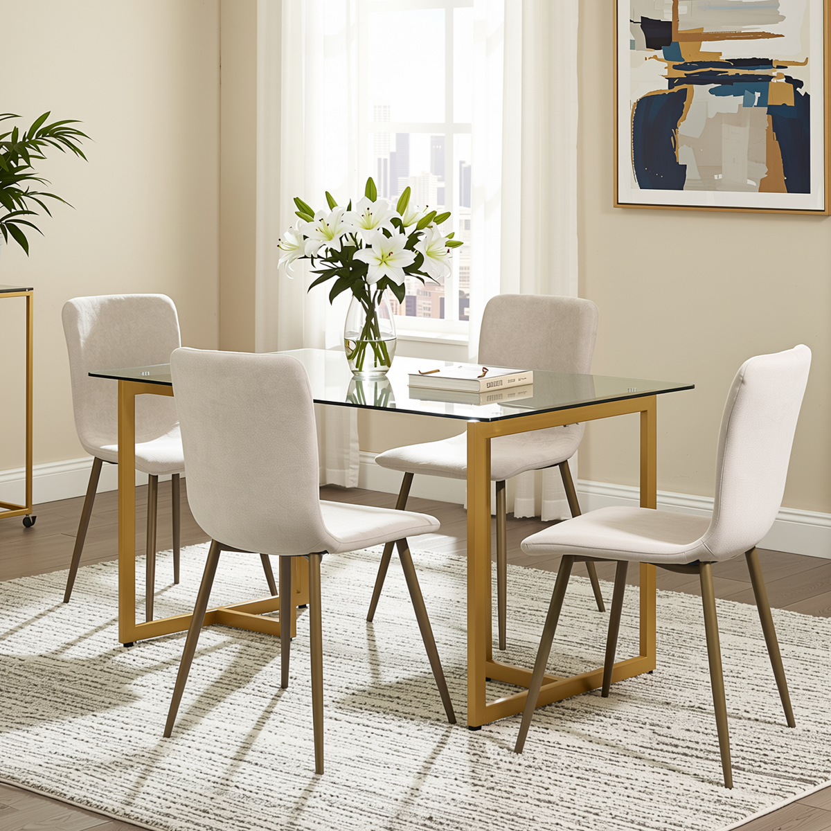 Homy Casa SLIP+SCARGILL 5PC Dining Set 47.2” Glass Table with 4 Beige Upholstered Chairs in Gold Finish Open Box
