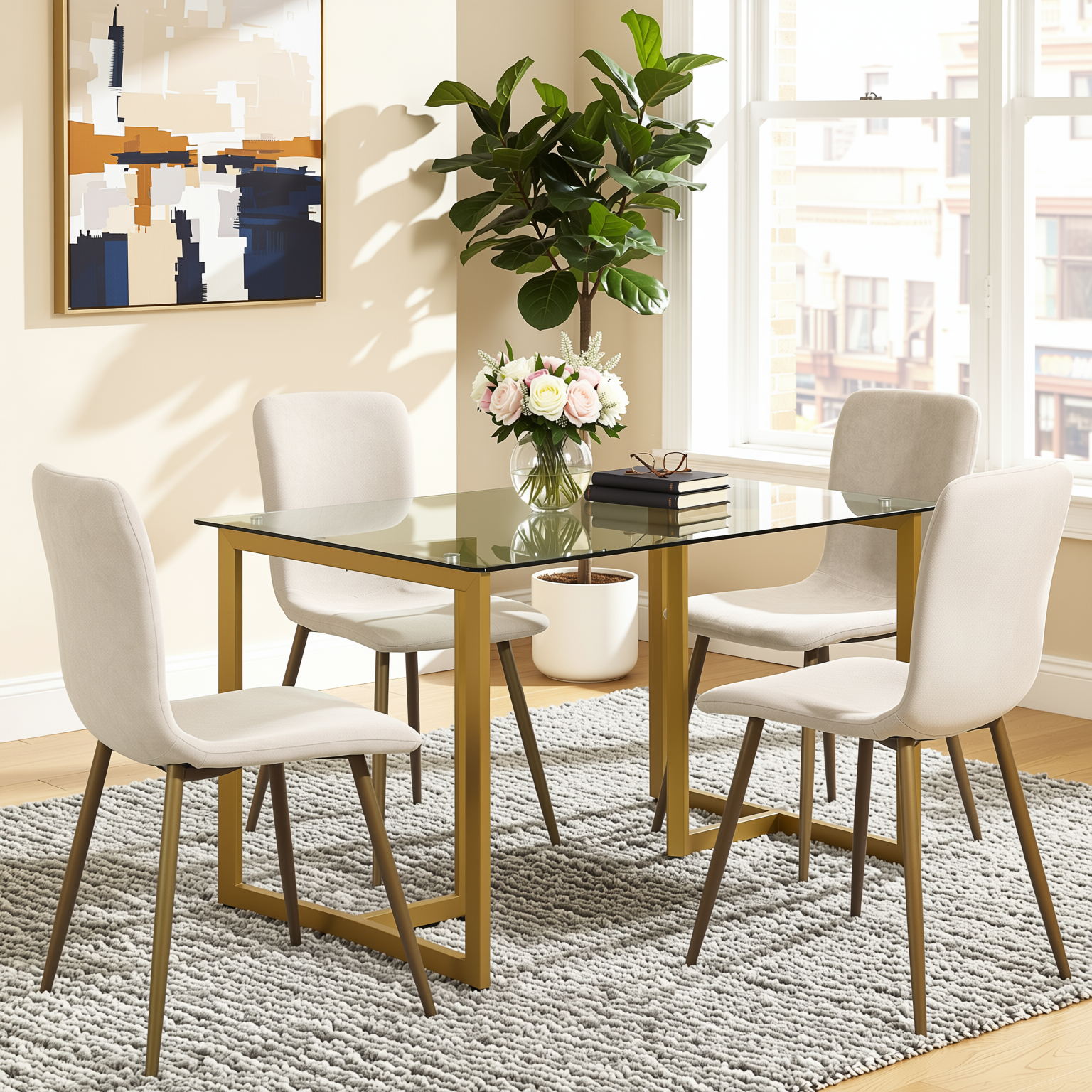 Homy Casa SLIP+SCARGILL 5PC Dining Set 47.2” Glass Table with 4 Beige Upholstered Chairs in Gold Finish Open Box