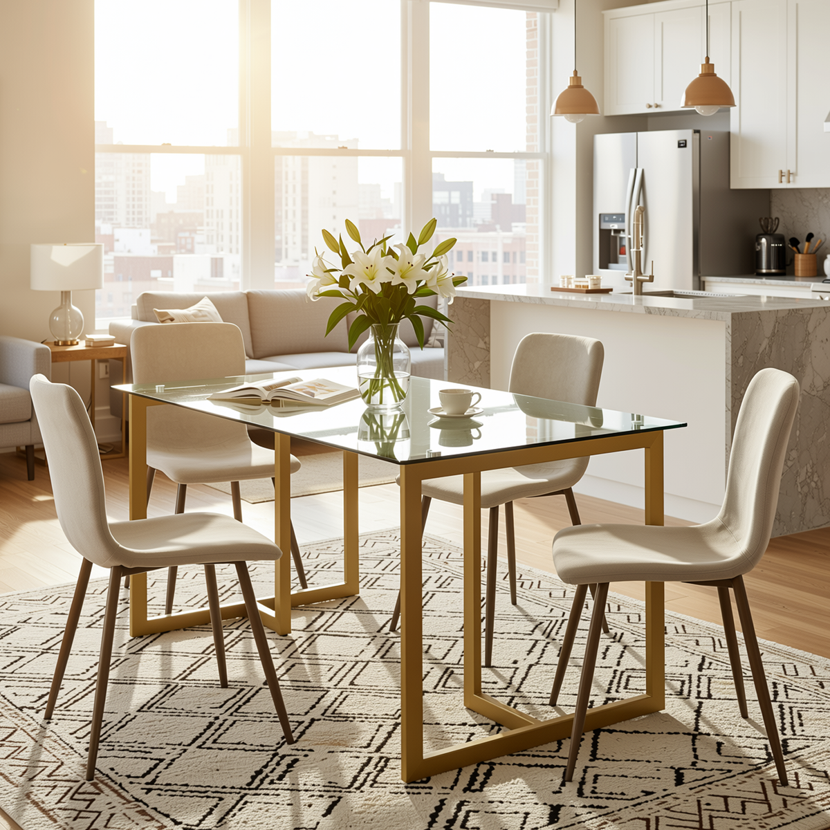 Homy Casa SLIP+SCARGILL 5PC Dining Set 47.2” Glass Table with 4 Beige Upholstered Chairs in Gold Finish Open Box