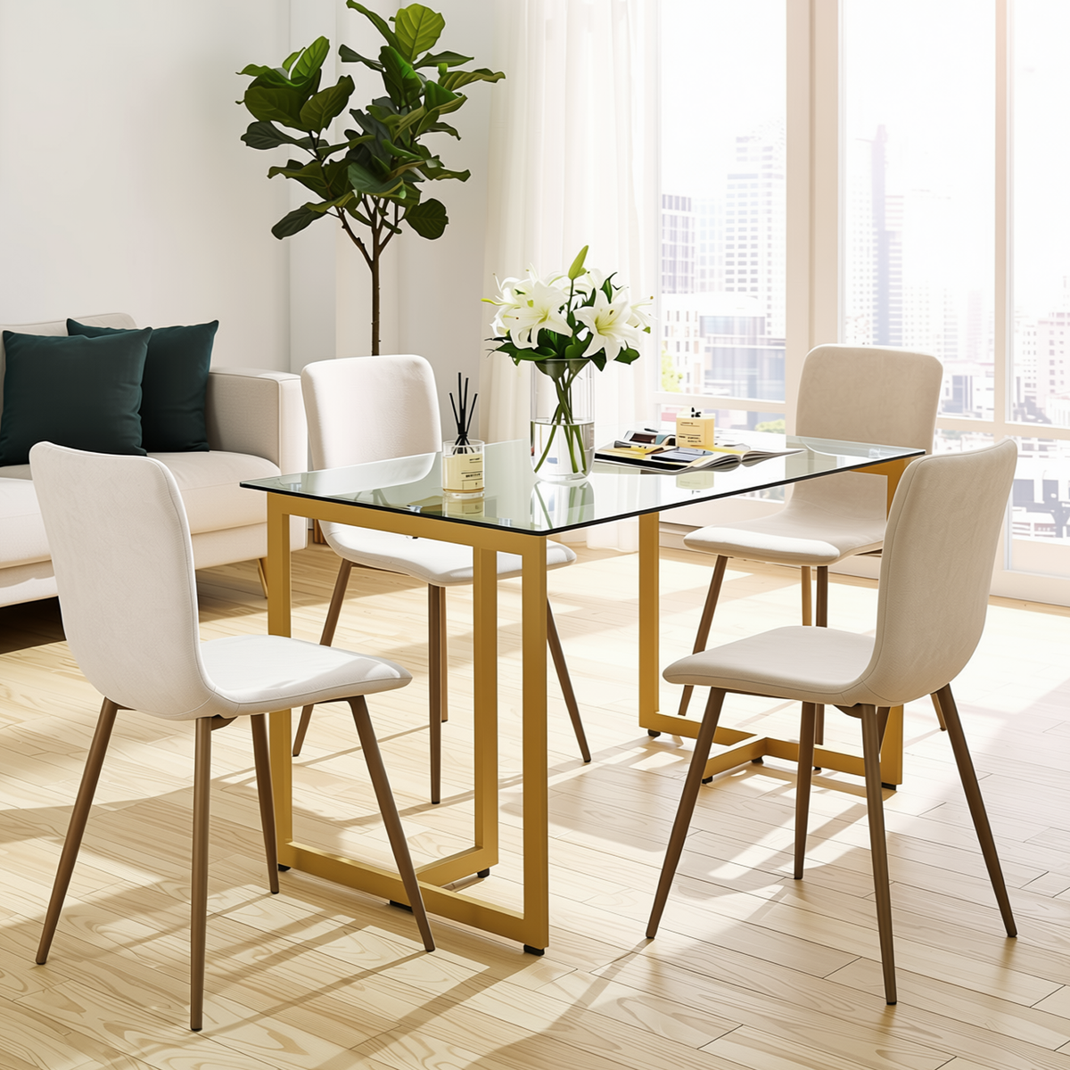 Homy Casa SLIP+SCARGILL 5PC Dining Set 47.2” Glass Table with 4 Beige Upholstered Chairs in Gold Finish Open Box