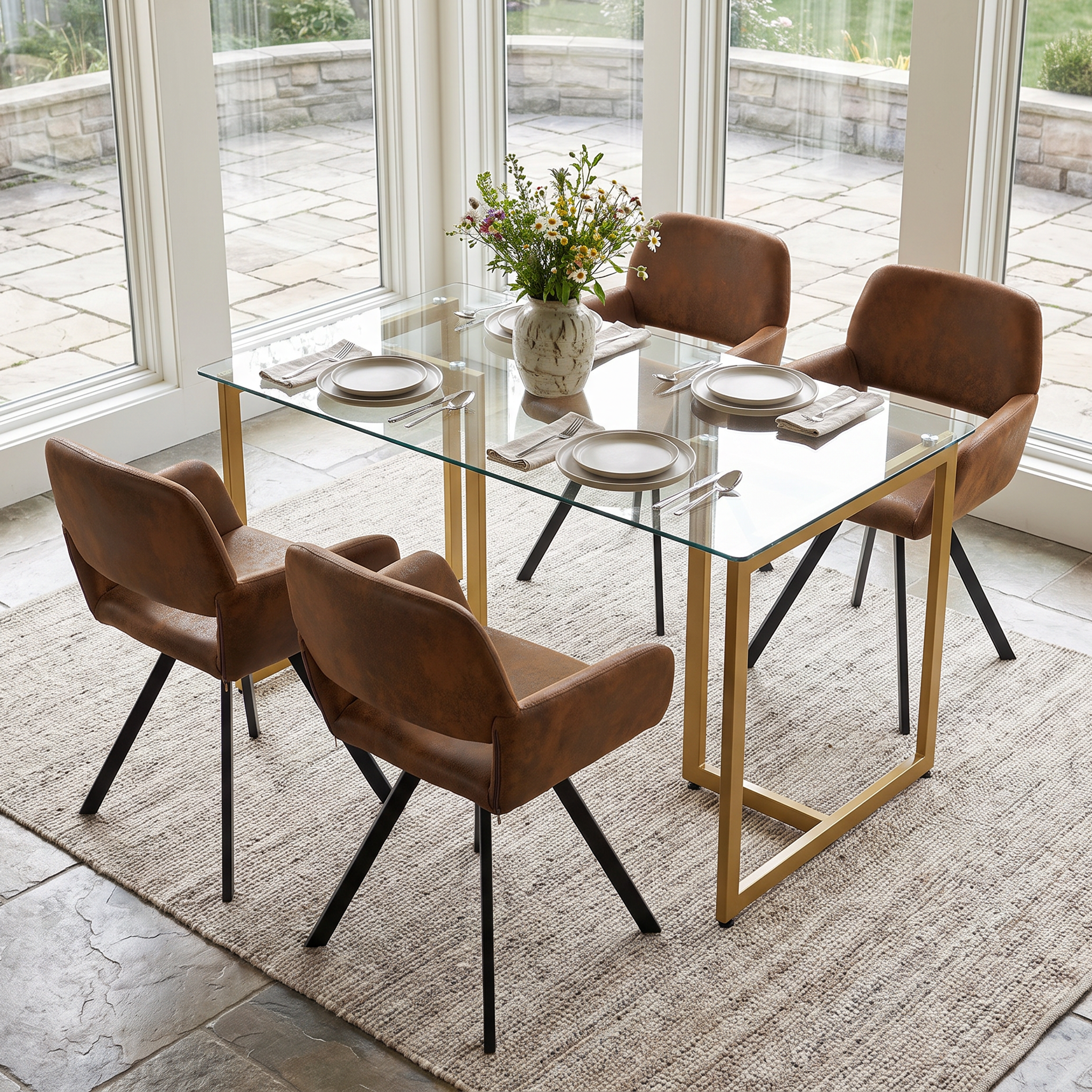 Homy Casa SLIP+CALIFORNIA 5PC Dining Set with Clear Glass Table and 4 Brown Swivel Chairs Open Box