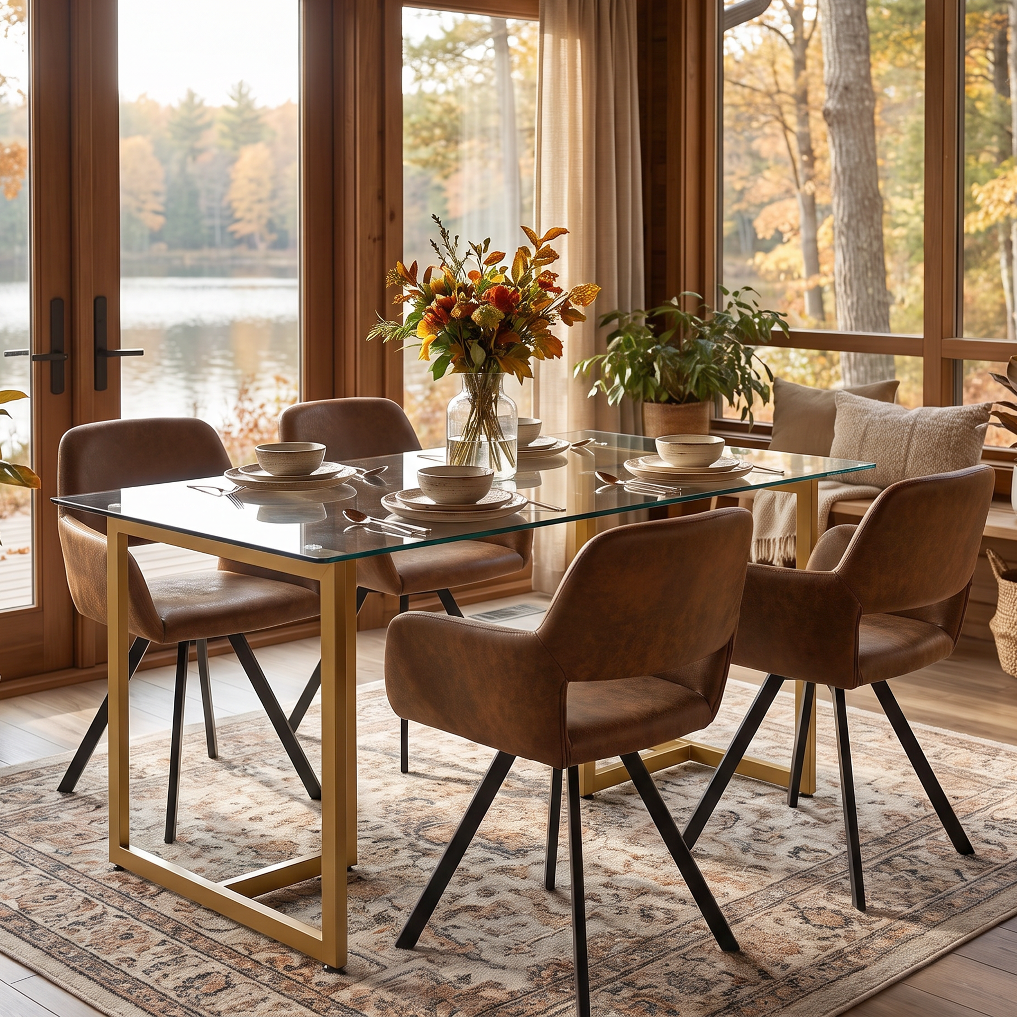 Homy Casa SLIP+CALIFORNIA 5PC Dining Set with Clear Glass Table and 4 Brown Swivel Chairs Open Box