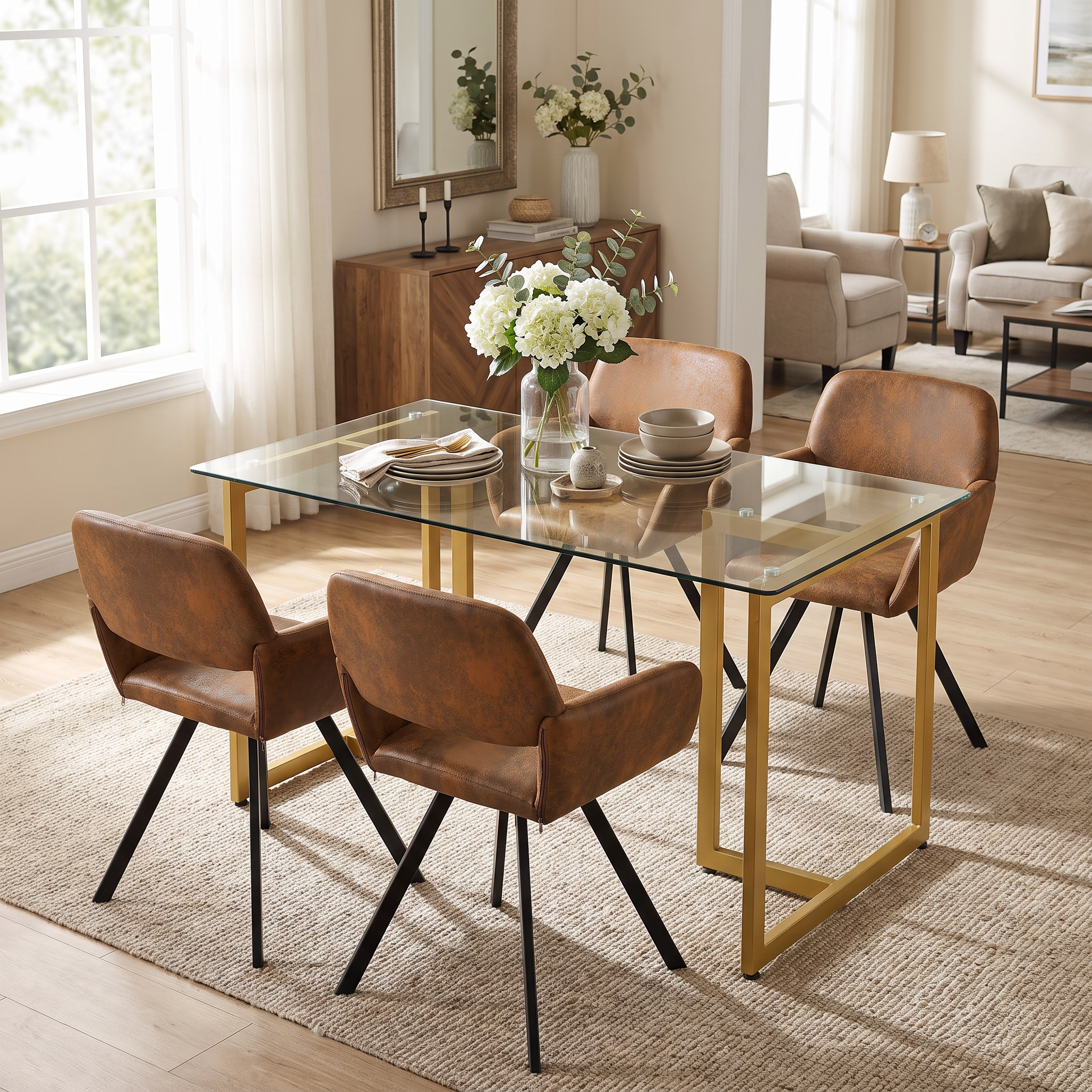 Homy Casa SLIP+CALIFORNIA 5PC Dining Set with Clear Glass Table and 4 Brown Swivel Chairs Open Box