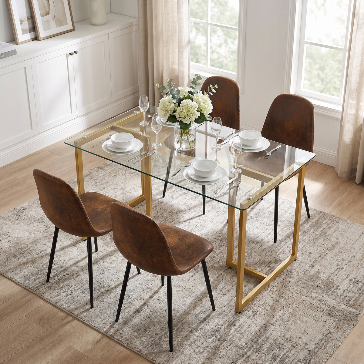 Homy Casa STAN+CHARLTON 5PC Dining Set 47.2" Dining Table with 4 Dark Brown Suede Dining Chairs in Clear and Gold Open Box