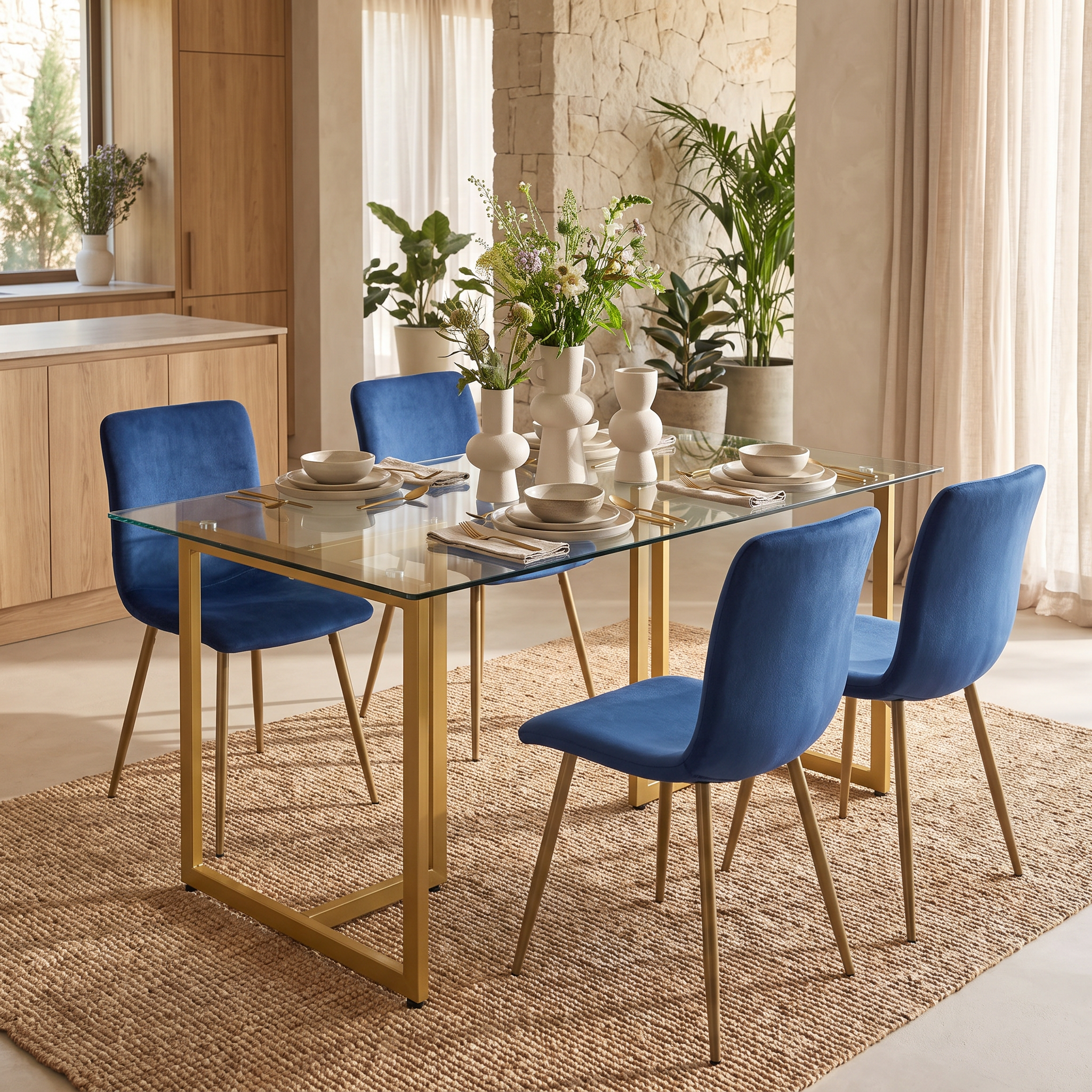 Homy Casa SLIP+SCARGILL 5PC Dining Set 47.2" Glass Table with 4 Scargill Blue Fabric Dining Chairs Open Box
